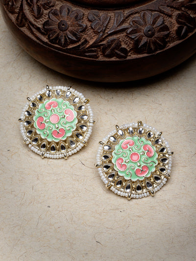 Studio Sukkhi Exquitely Crafted Gold Plated Kundan With Mint Green And Pink Meenakari Studs Earrings For Women And Girls E105783