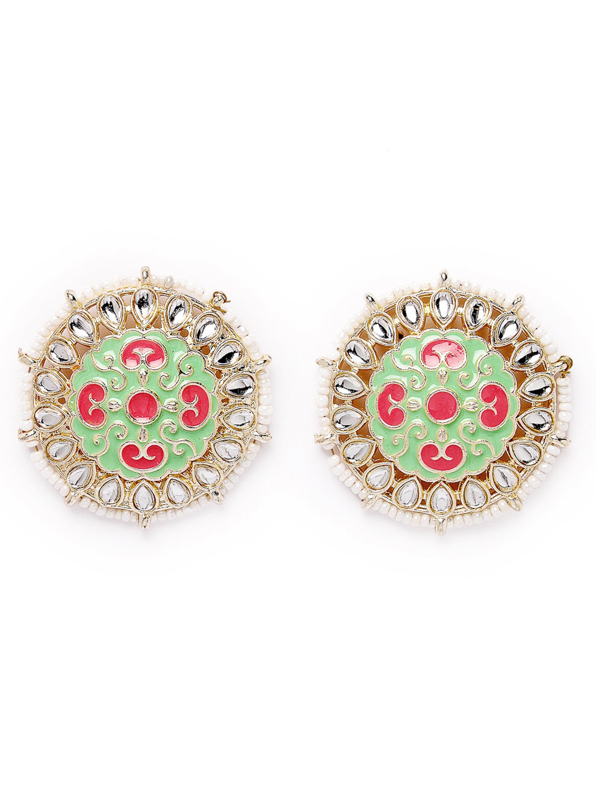 Studio Sukkhi Exquitely Crafted Gold Plated Kundan With Mint Green And Pink Meenakari Studs Earrings For Women And Girls E105783