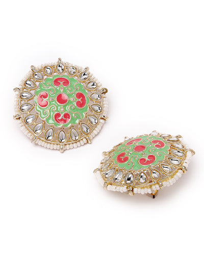 Studio Sukkhi Exquitely Crafted Gold Plated Kundan With Mint Green And Pink Meenakari Studs Earrings For Women And Girls E105783