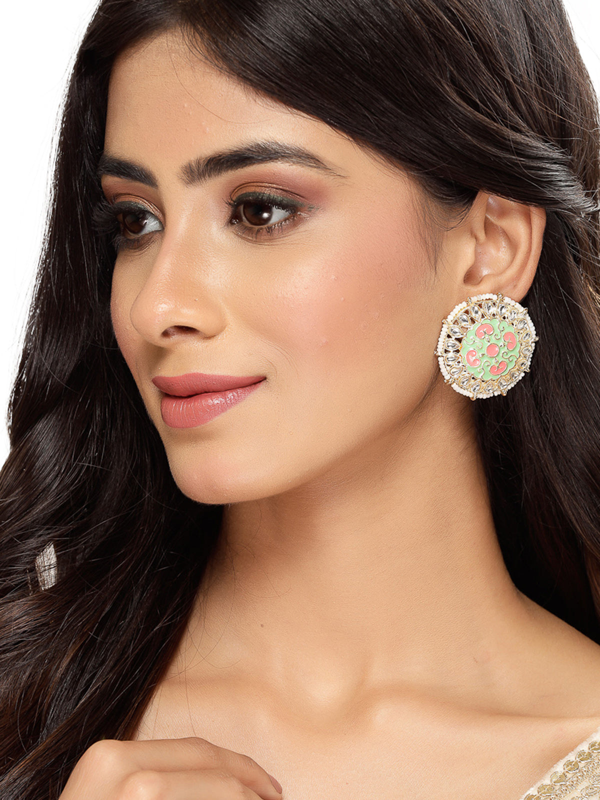 Studio Sukkhi Exquitely Crafted Gold Plated Kundan With Mint Green And Pink Meenakari Studs Earrings For Women And Girls E105783