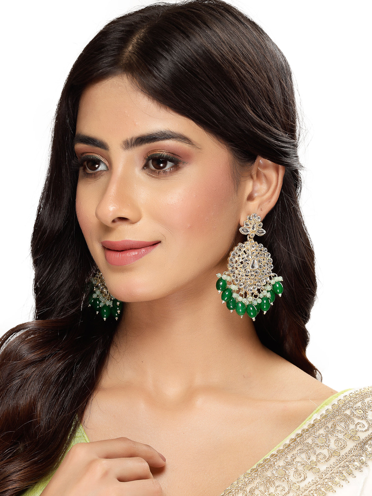 Studio Sukkhi Classy Gold Plated Green Faux Beaded With Kundan Dangle Drop Earrings For Women And Girls E105786