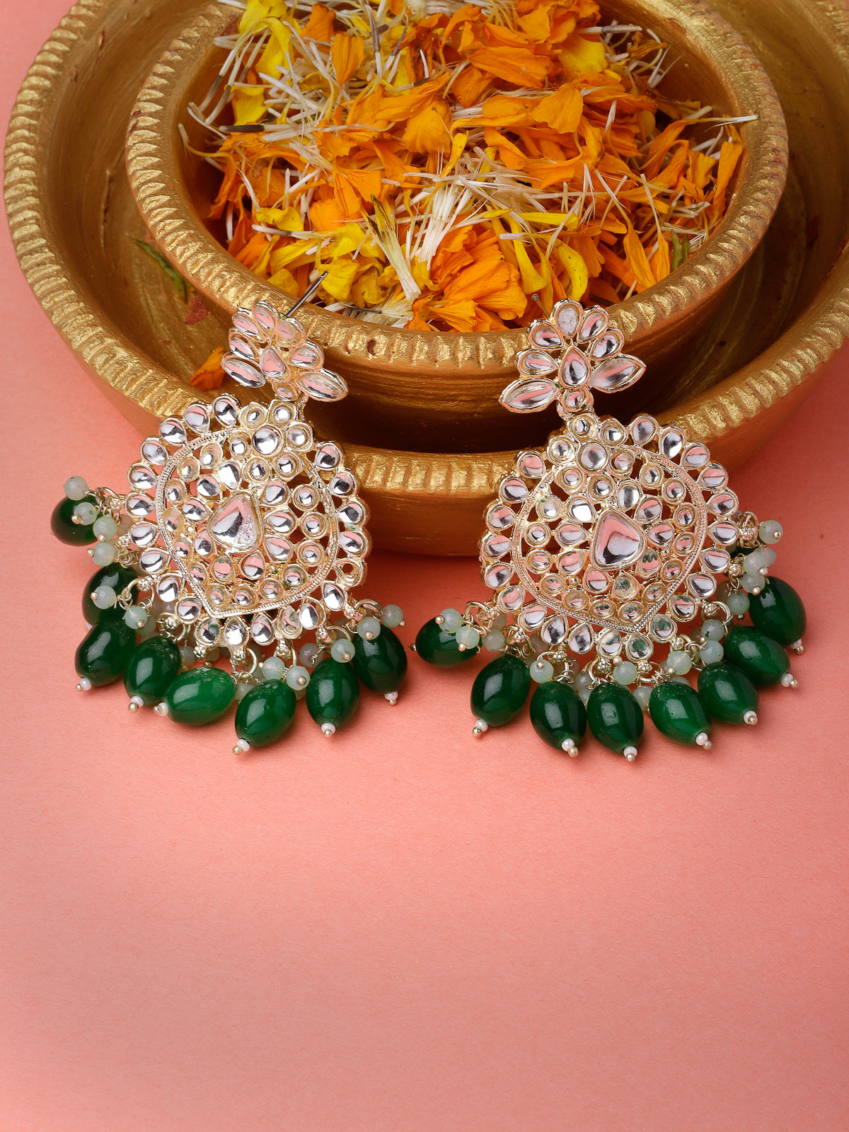 Studio Sukkhi Classy Gold Plated Green Faux Beaded With Kundan Dangle Drop Earrings For Women And Girls E105786