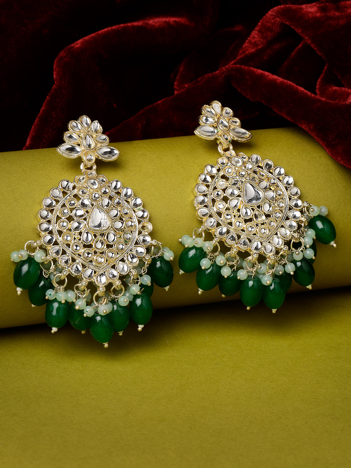 Studio Sukkhi Classy Gold Plated Green Faux Beaded With Kundan Dangle Drop Earrings For Women And Girls E105786