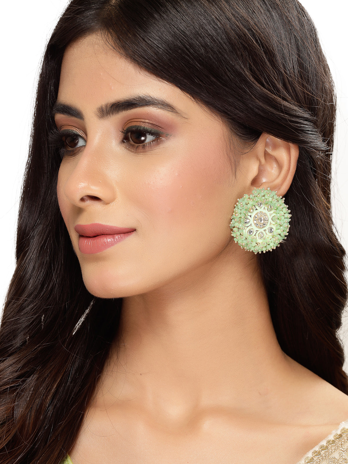Sukkhi Elegant Green Beads with Meenakari Gold Plated Studs Earrings For Women And Girls E105787
