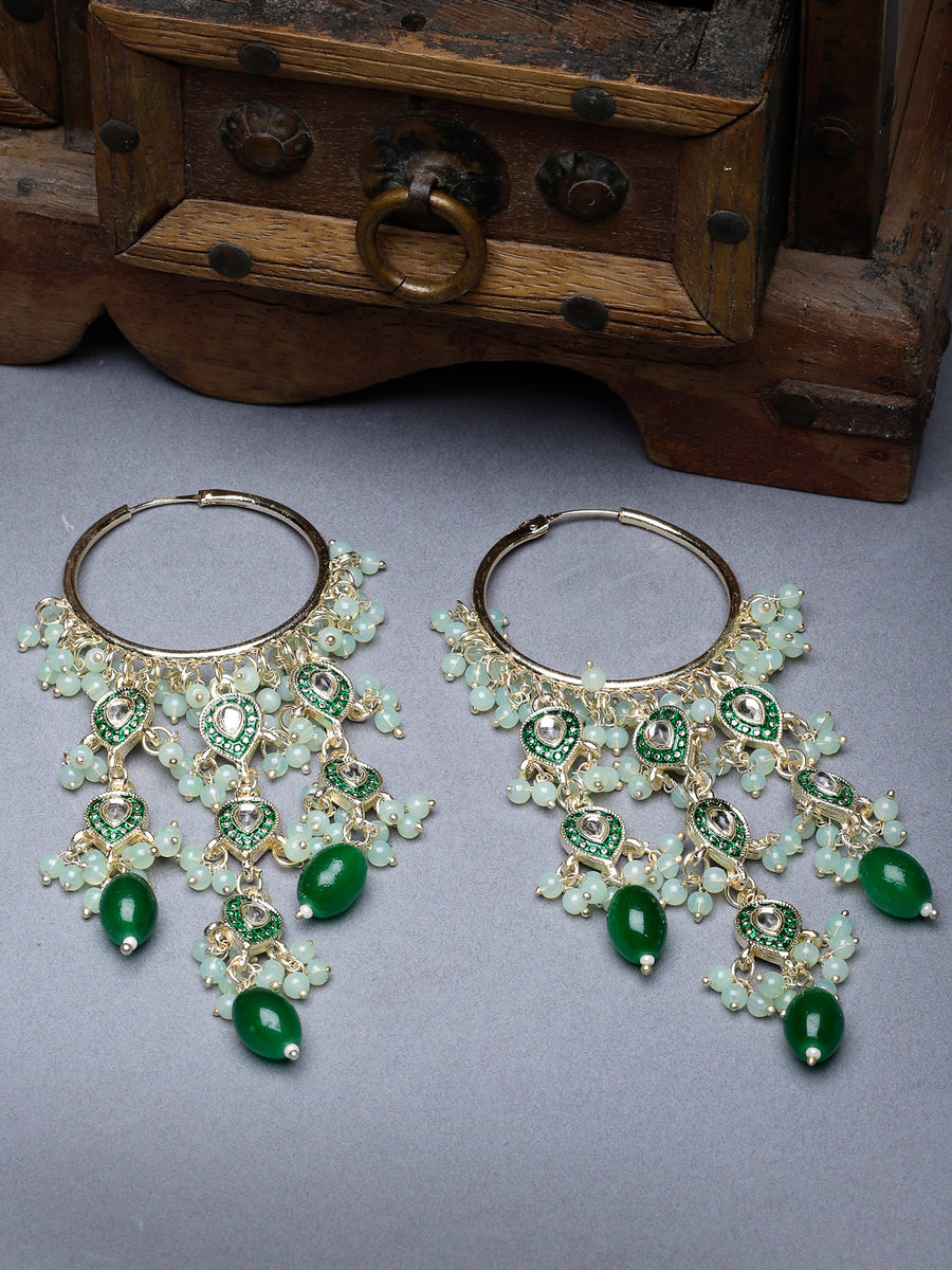 Studio Sukkhi Trendy Kundan With Meenakari Gold Plated Green Dangle Hoop Earrings For Women E105790