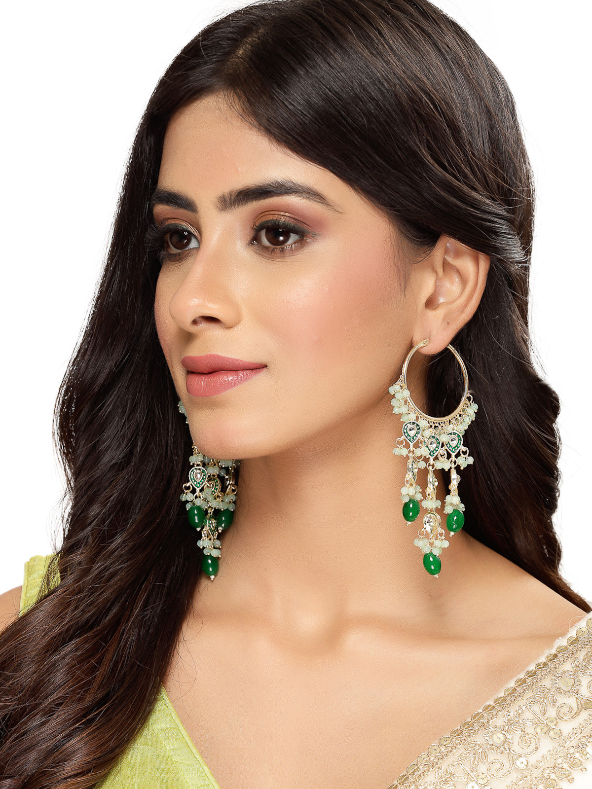 Studio Sukkhi Trendy Kundan With Meenakari Gold Plated Green Dangle Hoop Earrings For Women E105790