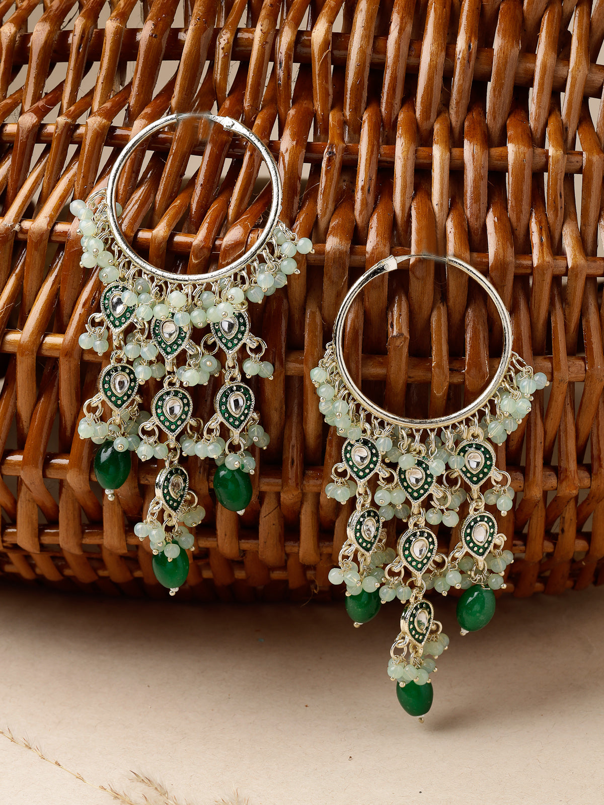 Studio Sukkhi Trendy Kundan With Meenakari Gold Plated Green Dangle Hoop Earrings For Women E105790