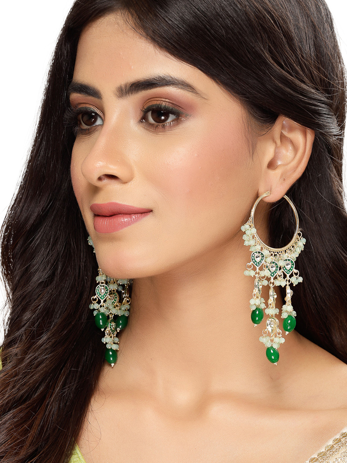 Studio Sukkhi Trendy Kundan With Meenakari Gold Plated Green Dangle Hoop Earrings For Women E105790