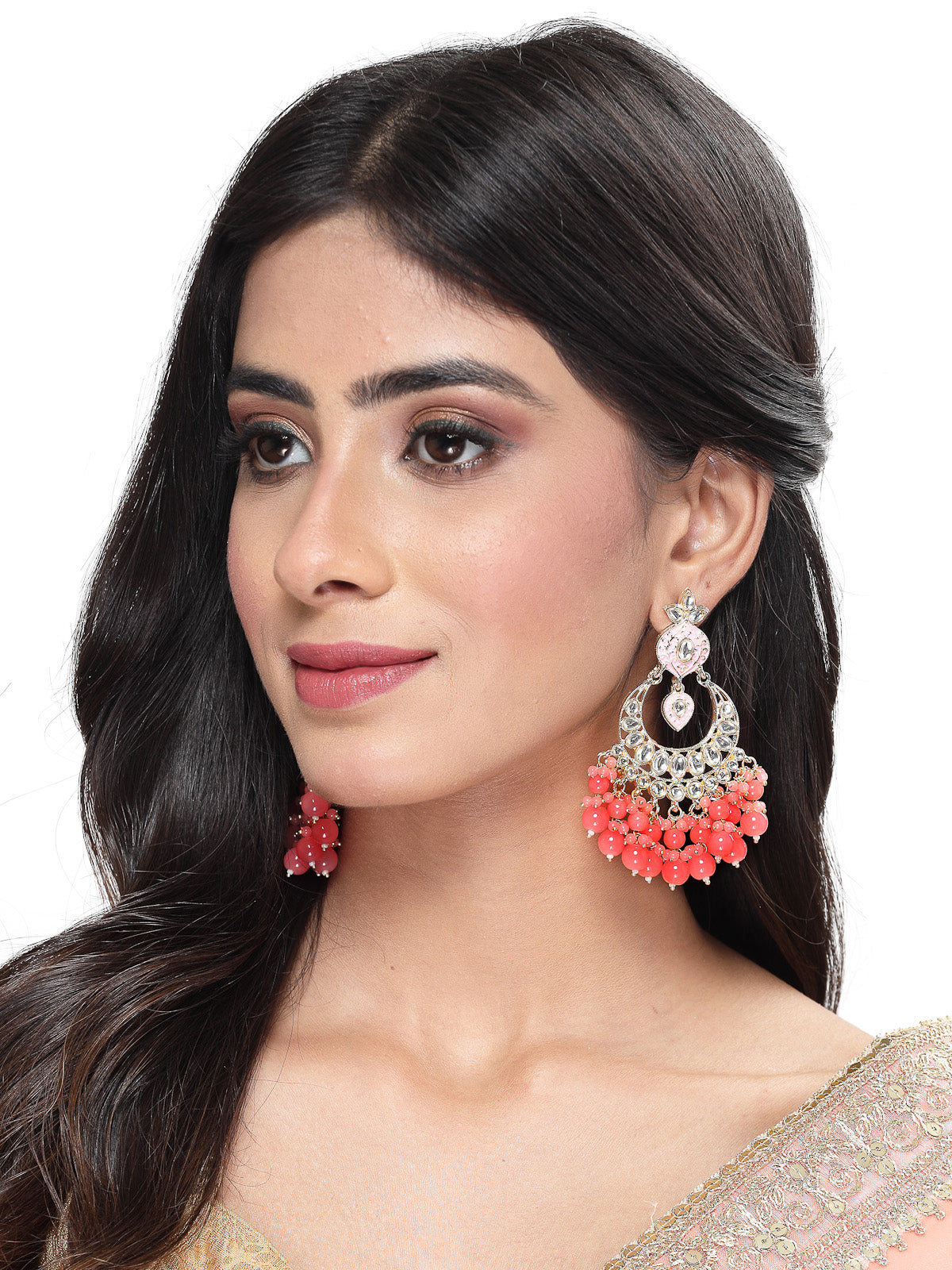 Studio Sukkhi Sparkling Gold Plated With Kundan Studded Pink Meenakari Chandbali Earrings For Women And Girls E105791