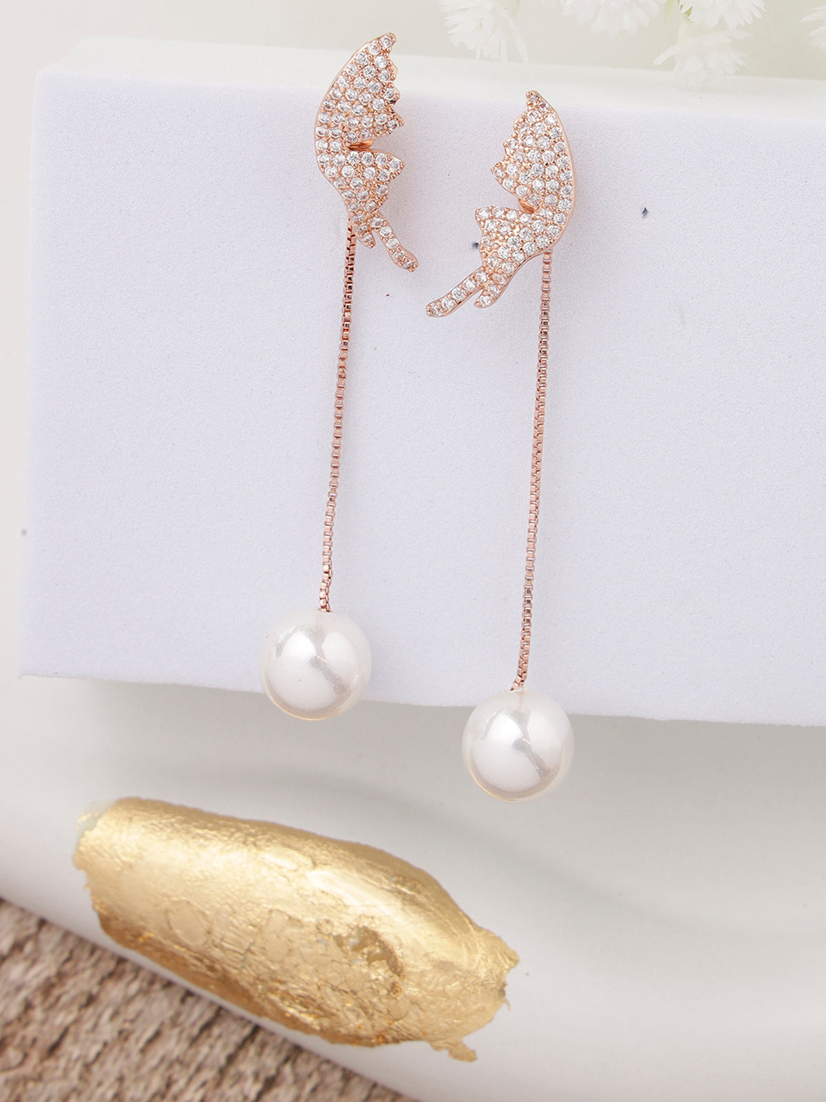 Scintillare By Sukkhi Stylish RoseGold Plated with Stainless Steel Pearls Long Dangler Earring Jewellery for Women & Girls|Anti Tarnish Jewellery|Gifts for Wife Girlfriend Mother Sister|E107071