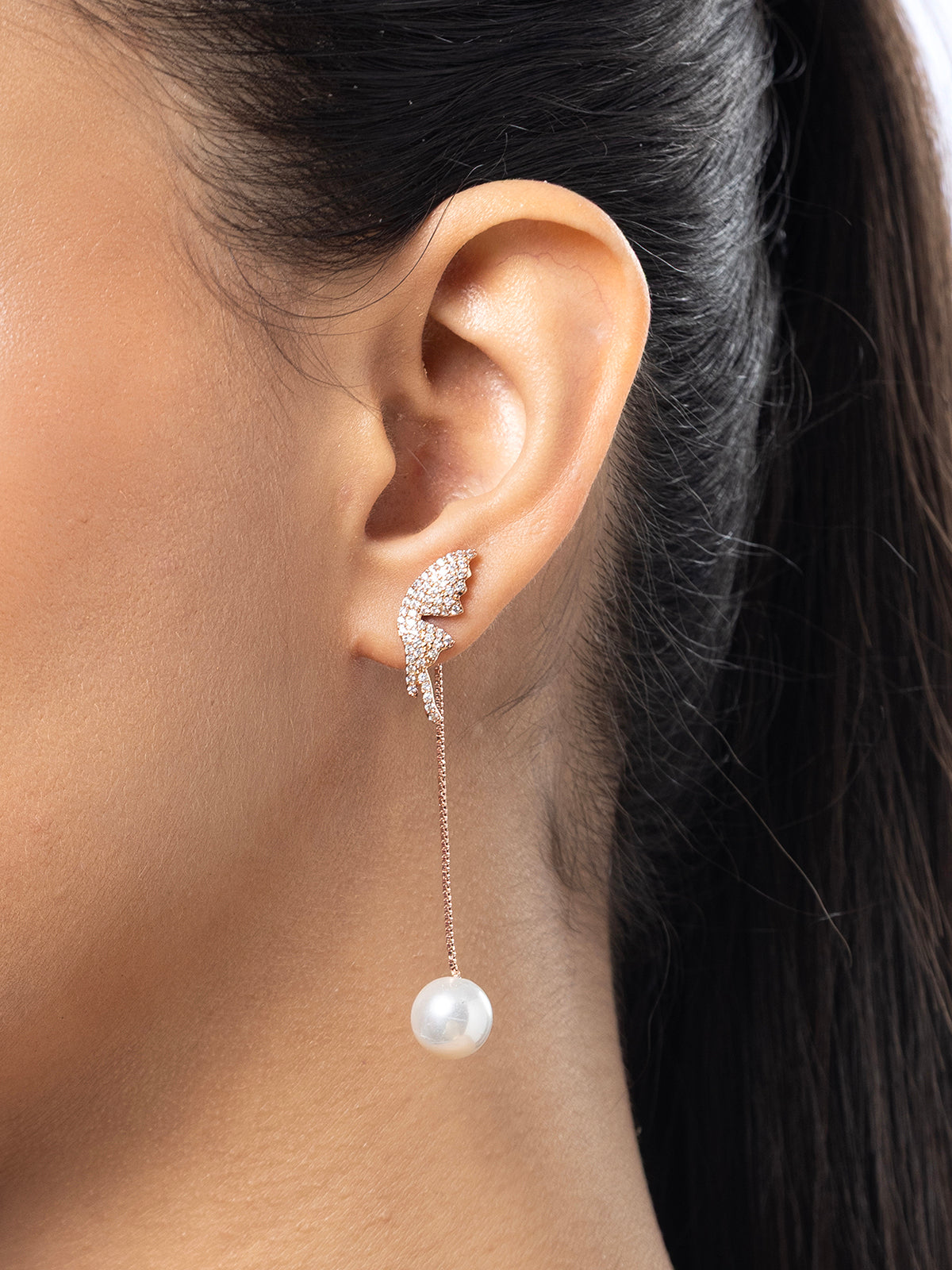 Scintillare By Sukkhi Stylish RoseGold Plated with Stainless Steel Pearls Long Dangler Earring Jewellery for Women & Girls|Anti Tarnish Jewellery|Gifts for Wife Girlfriend Mother Sister|E107071