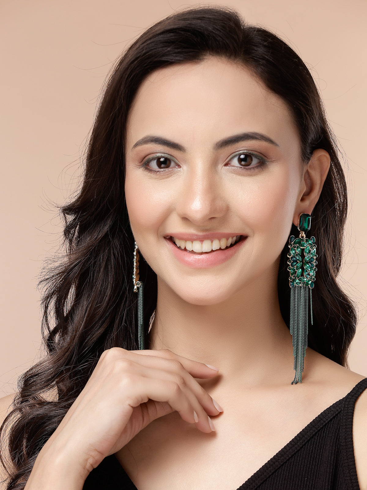 Scintillare By Sukkhi Sparkling Crystal Stone Studded Gold Plated Long Tassel Green Earrings for Women & Girls|Pair of 1|Gifts for Wife Girlfriend Mother Sister|E107214
