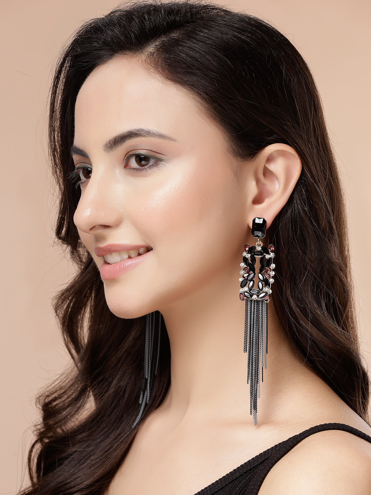 Scintillare By Sukkhi Sparkling Crystal Stone Studded Gold Plated Long Tassel Black Earrings for Women & Girls|Pair of 1|Gifts for Wife Girlfriend Mother Sister|E107215