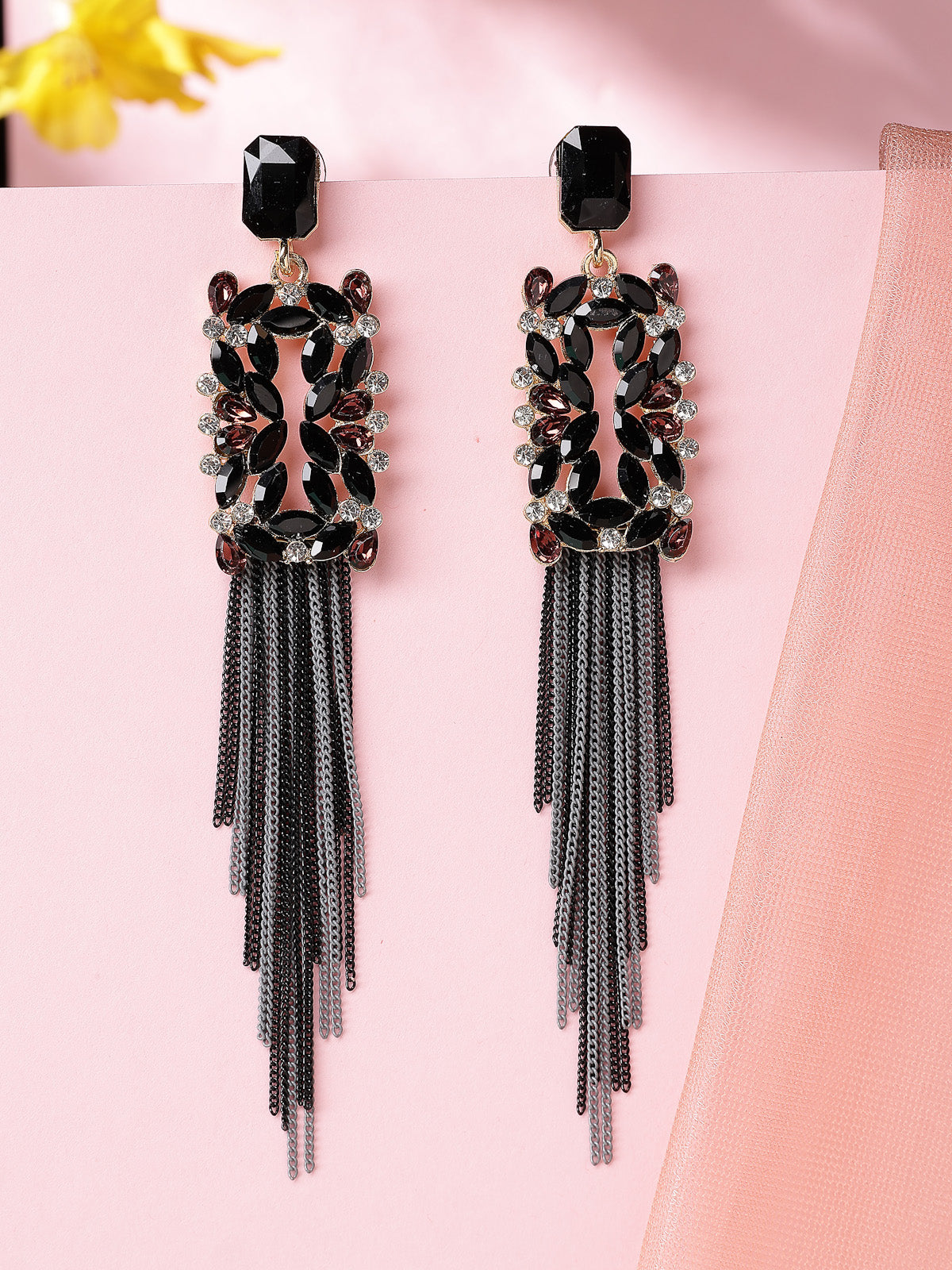 Scintillare By Sukkhi Sparkling Crystal Stone Studded Gold Plated Long Tassel Black Earrings for Women & Girls|Pair of 1|Gifts for Wife Girlfriend Mother Sister|E107215