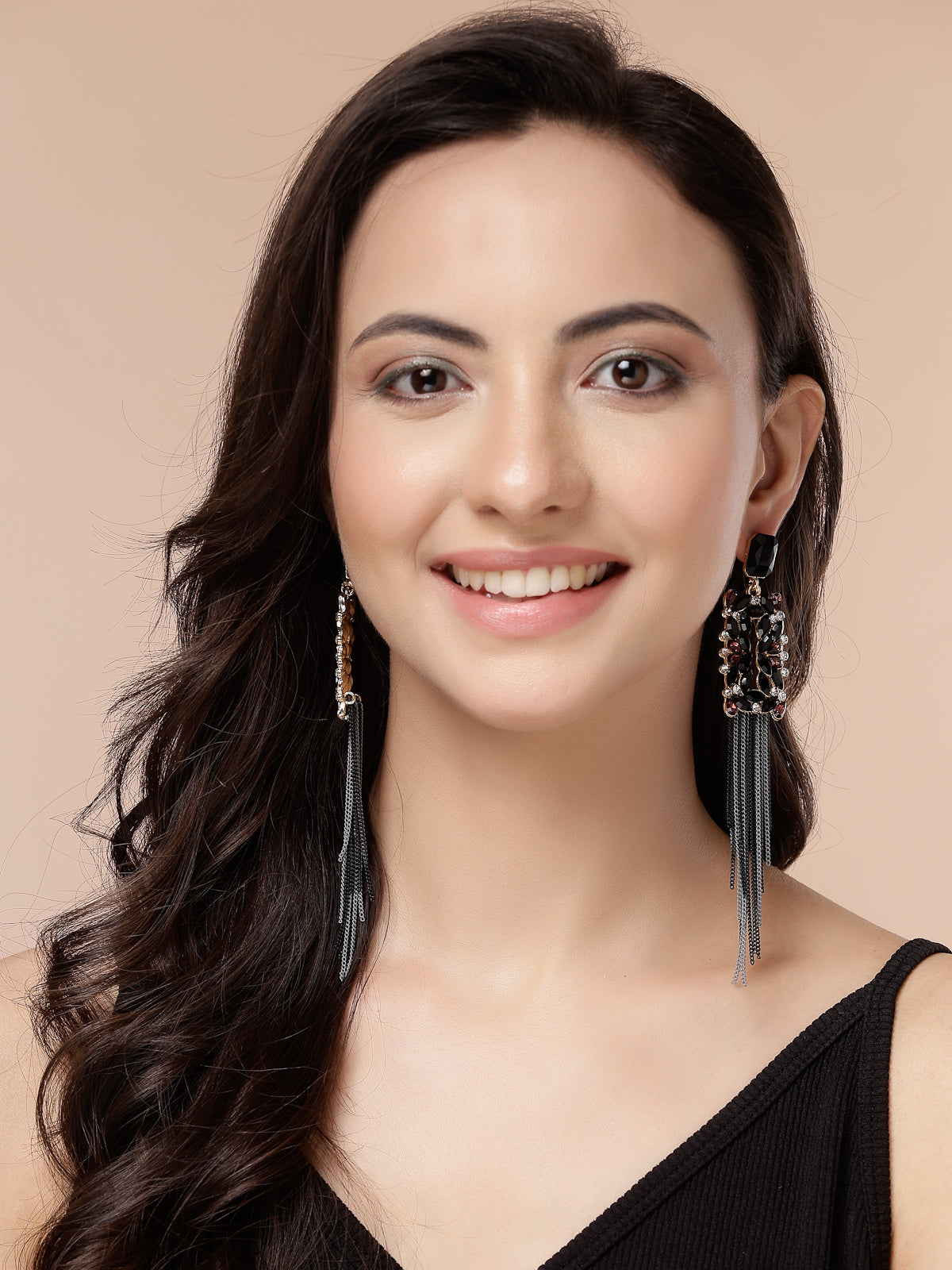 Scintillare By Sukkhi Sparkling Crystal Stone Studded Gold Plated Long Tassel Black Earrings for Women & Girls|Pair of 1|Gifts for Wife Girlfriend Mother Sister|E107215