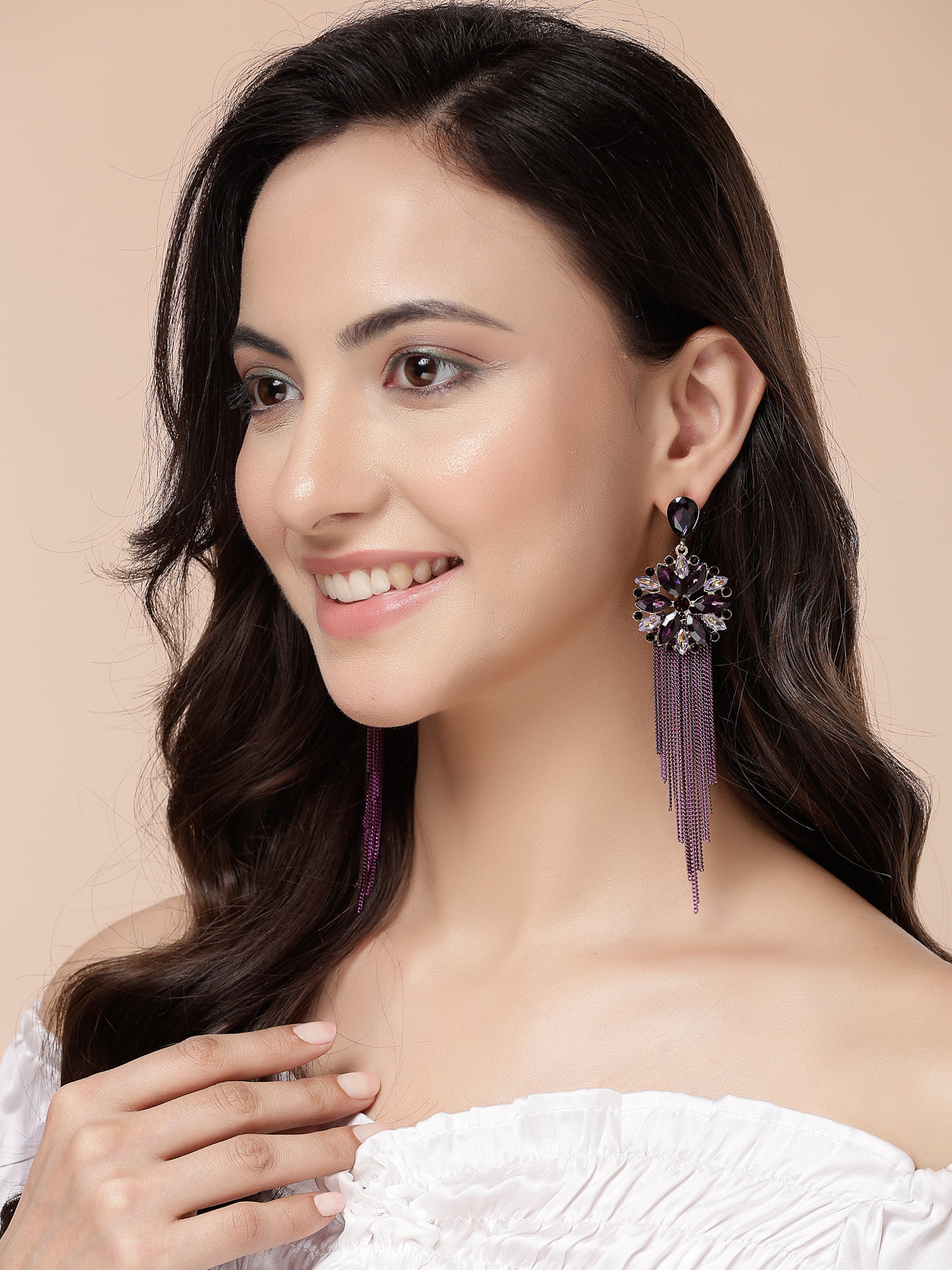 Scintillare By Sukkhi Fresh Flora Latest Stylish Gold Plated Crystal Handmade Long Tassel Purple Earrings for Women & Girls|Pair of 1|Gifts for Wife Girlfriend Mother Sister|E107220