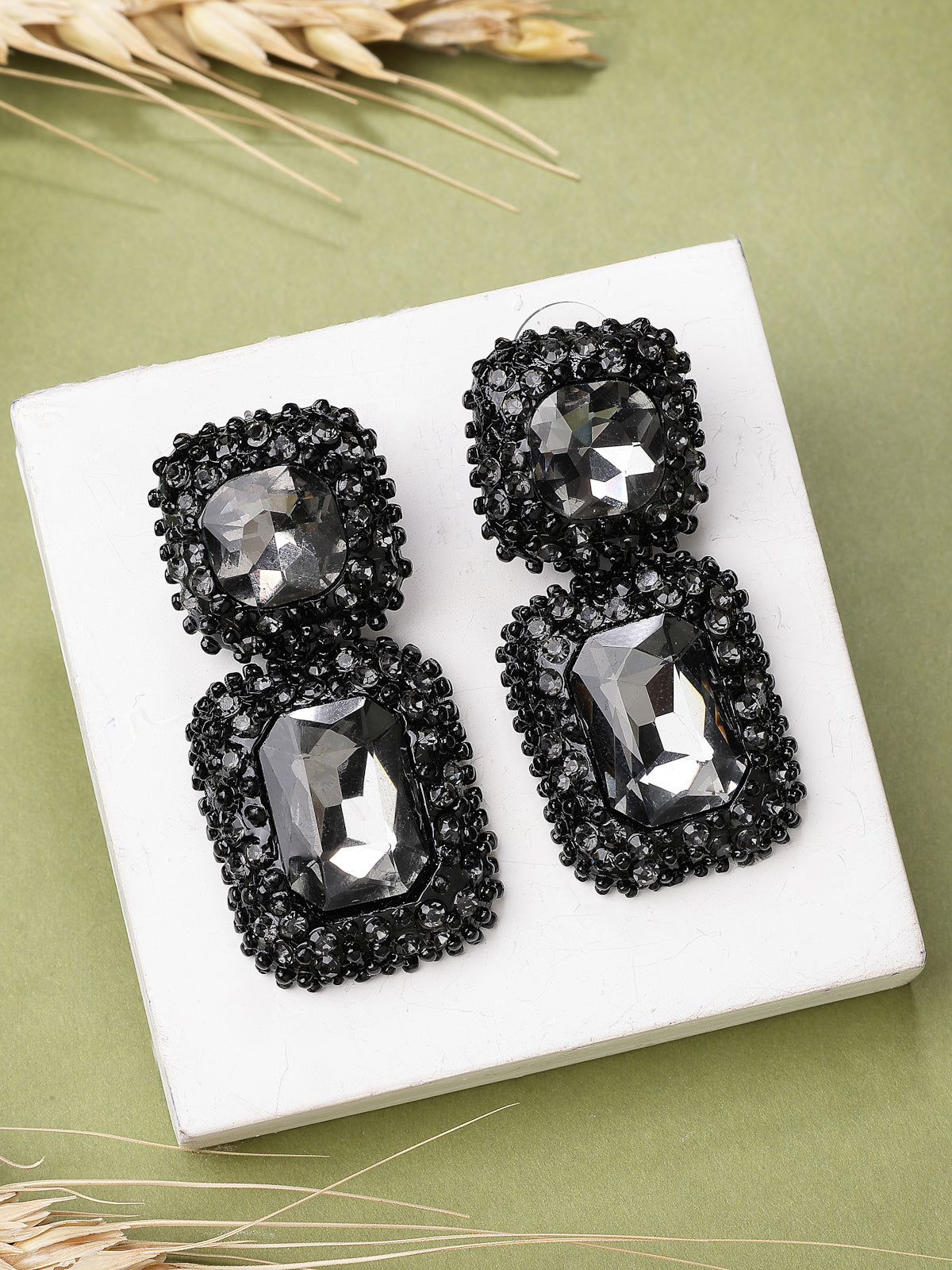 Scintillare By Sukkhi Glittering Square Shaped Crystal Studded Black Drop Dangle Earring for Women & Girls|Pair of 1|Jewellery Gifts for Wife Girlfriend Mother Sister|E107226