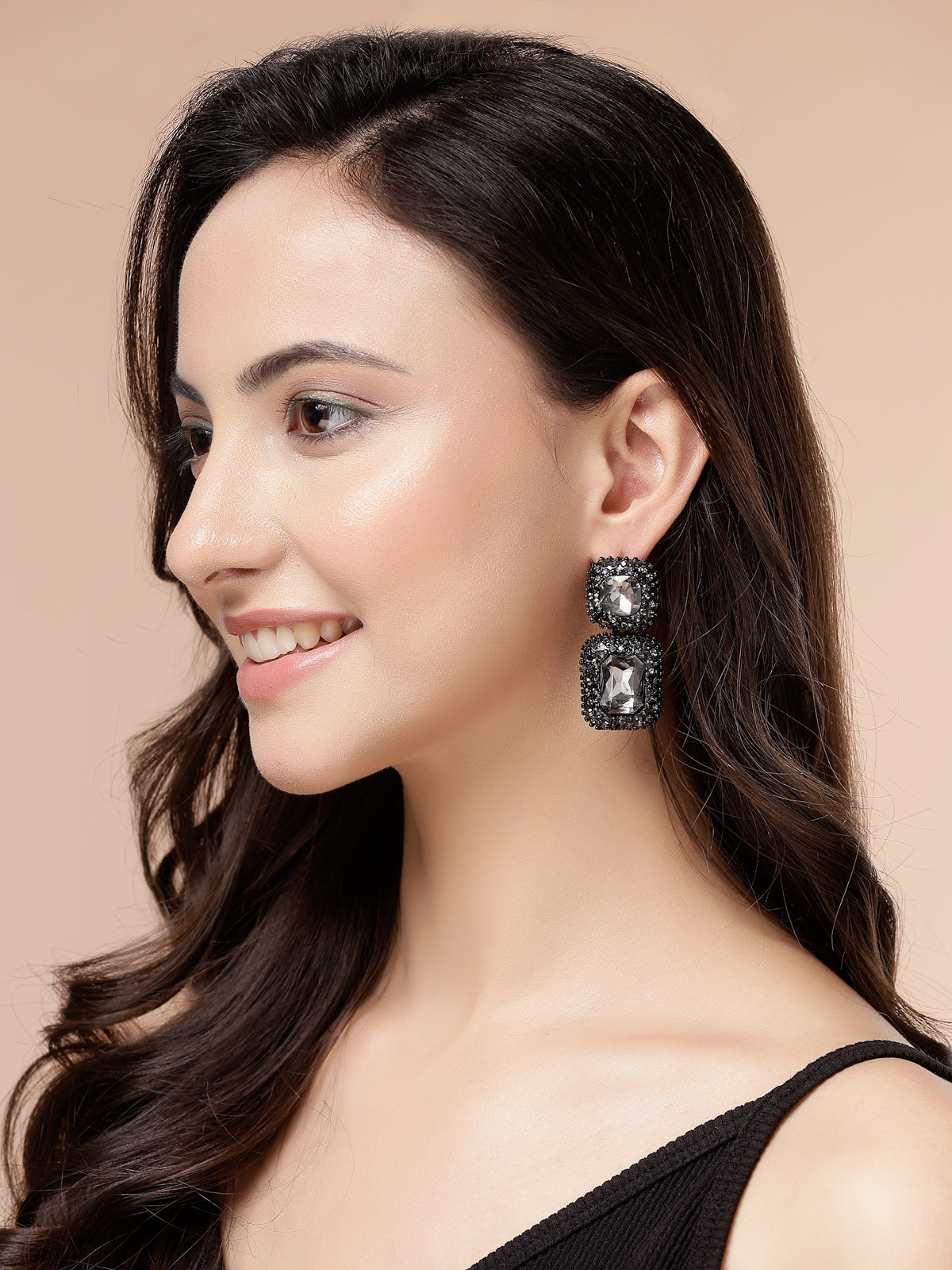 Scintillare By Sukkhi Glittering Square Shaped Crystal Studded Black Drop Dangle Earring for Women & Girls|Pair of 1|Jewellery Gifts for Wife Girlfriend Mother Sister|E107226
