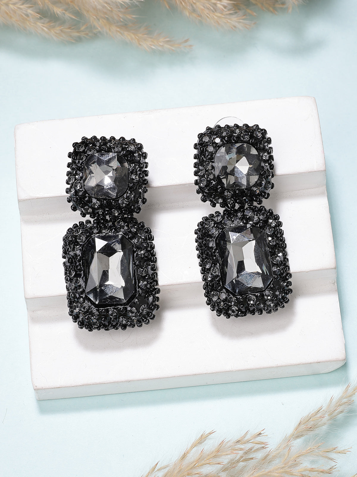Scintillare By Sukkhi Glittering Square Shaped Crystal Studded Black Drop Dangle Earring for Women & Girls|Pair of 1|Jewellery Gifts for Wife Girlfriend Mother Sister|E107226