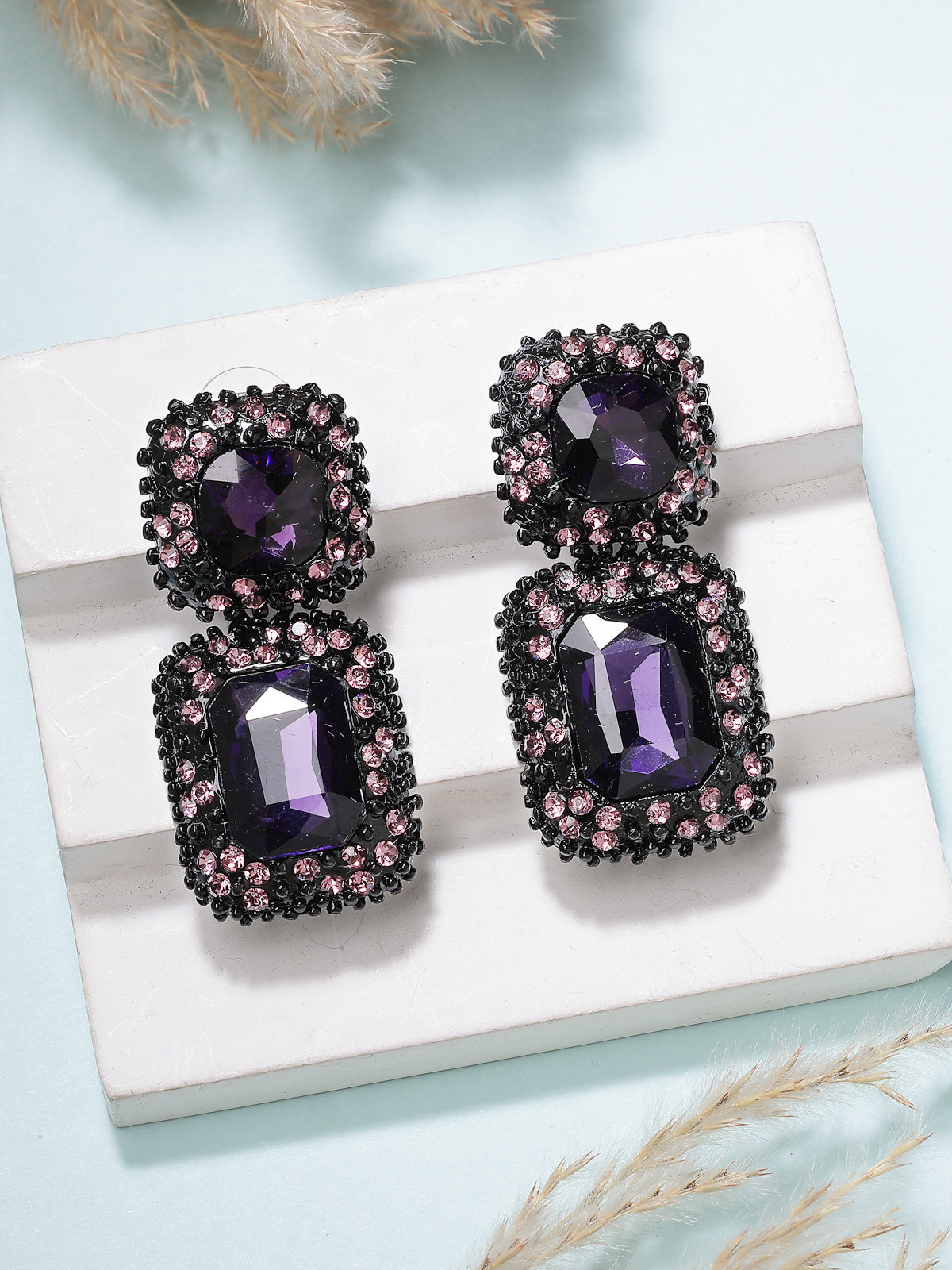 Scintillare By Sukkhi Glittering Square Shaped Crystal Studded Purple Drop Dangle Earrings for Women & Girls|Pair of 1|Jewellery Gifts for Wife Girlfriend Mother Sister|E107227