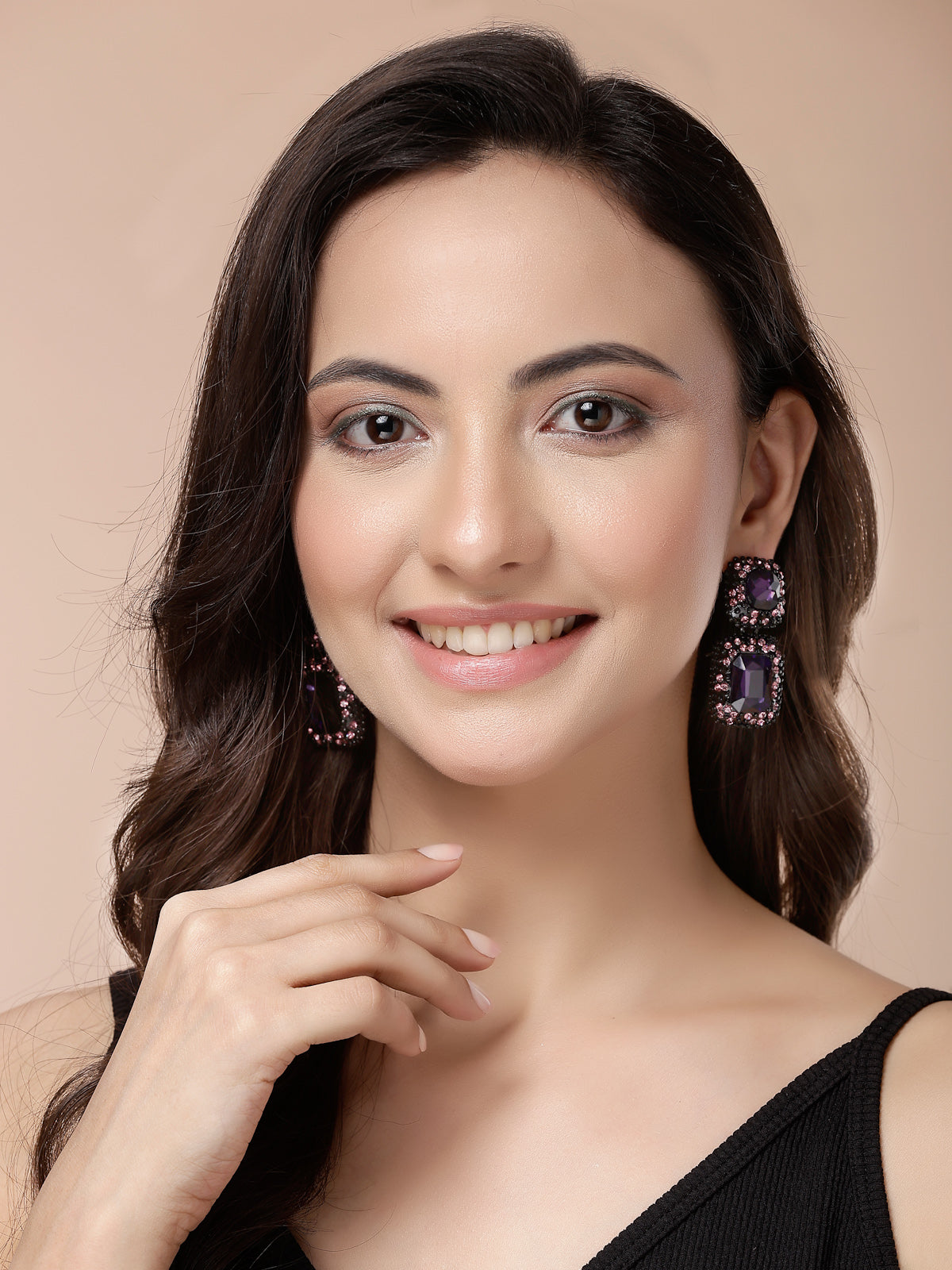 Scintillare By Sukkhi Glittering Square Shaped Crystal Studded Purple Drop Dangle Earrings for Women & Girls|Pair of 1|Jewellery Gifts for Wife Girlfriend Mother Sister|E107227