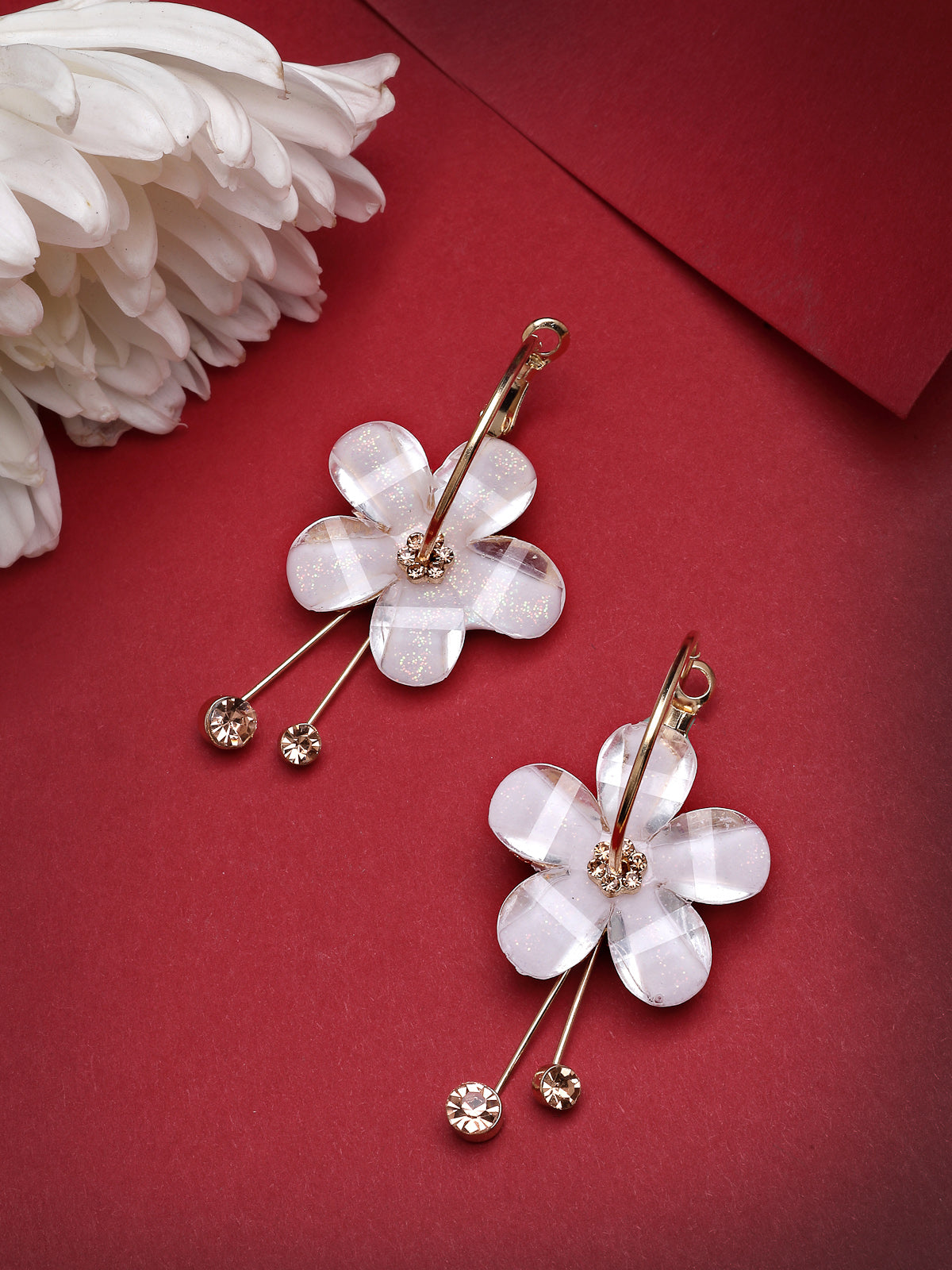 Scintillare By Sukkhi Golden Florally your Earring Crystal Stone Studded White Dangle Drop Hoop Earrings for Women & Girls|Pair of 1|Jewellery Gifts for Wife Girlfriend Mother Sister|E107228