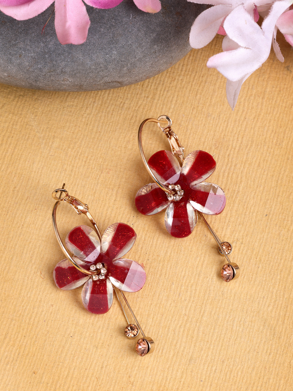 Scintillare By Sukkhi Golden Florally your Earring Crystal Stone Studded Red Dangle Drop Hoop Earrings for Women & Girls|Pair of 1|Jewellery Gifts for Wife Girlfriend Mother Sister|E107229