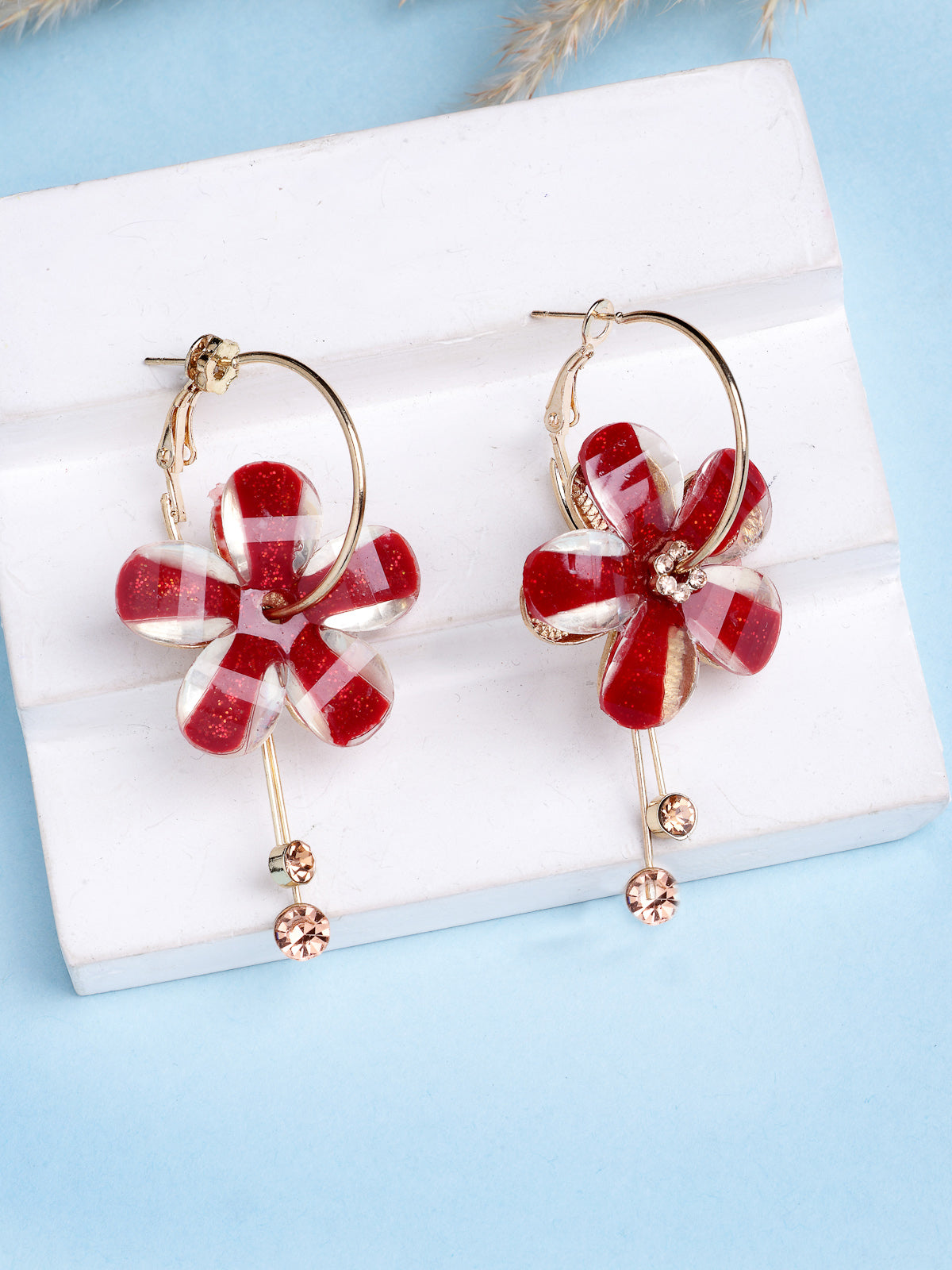 Scintillare By Sukkhi Golden Florally your Earring Crystal Stone Studded Red Dangle Drop Hoop Earrings for Women & Girls|Pair of 1|Jewellery Gifts for Wife Girlfriend Mother Sister|E107229