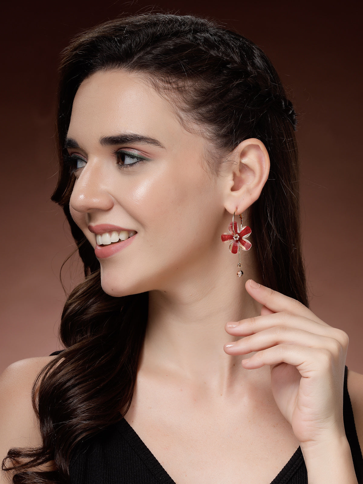 Scintillare By Sukkhi Golden Florally your Earring Crystal Stone Studded Red Dangle Drop Hoop Earrings for Women & Girls|Pair of 1|Jewellery Gifts for Wife Girlfriend Mother Sister|E107229