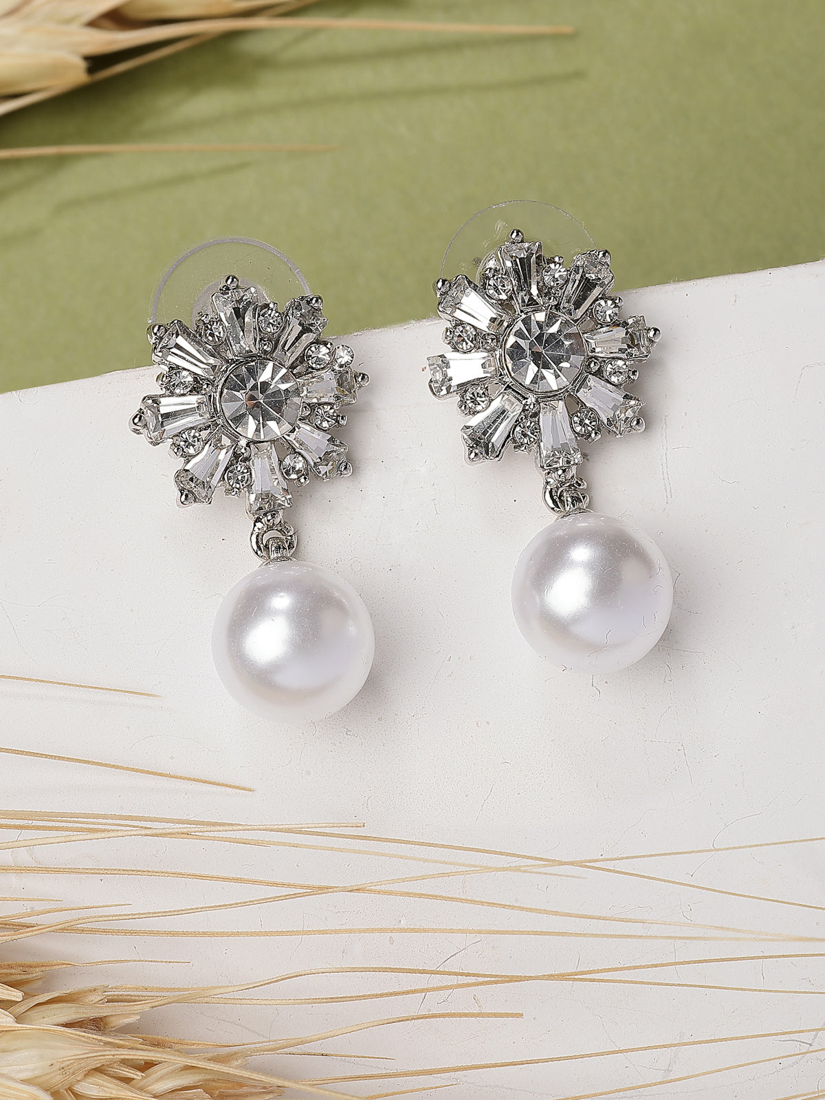 Scintillare By Sukkhi Iconic Latest Fashionable Crystal & Pearls Studded Rhodium Plated Drop Earrings for Women & Girls|Pair of 1|Jewellery Gifts for Wife Girlfriend Mother Sister|E107241