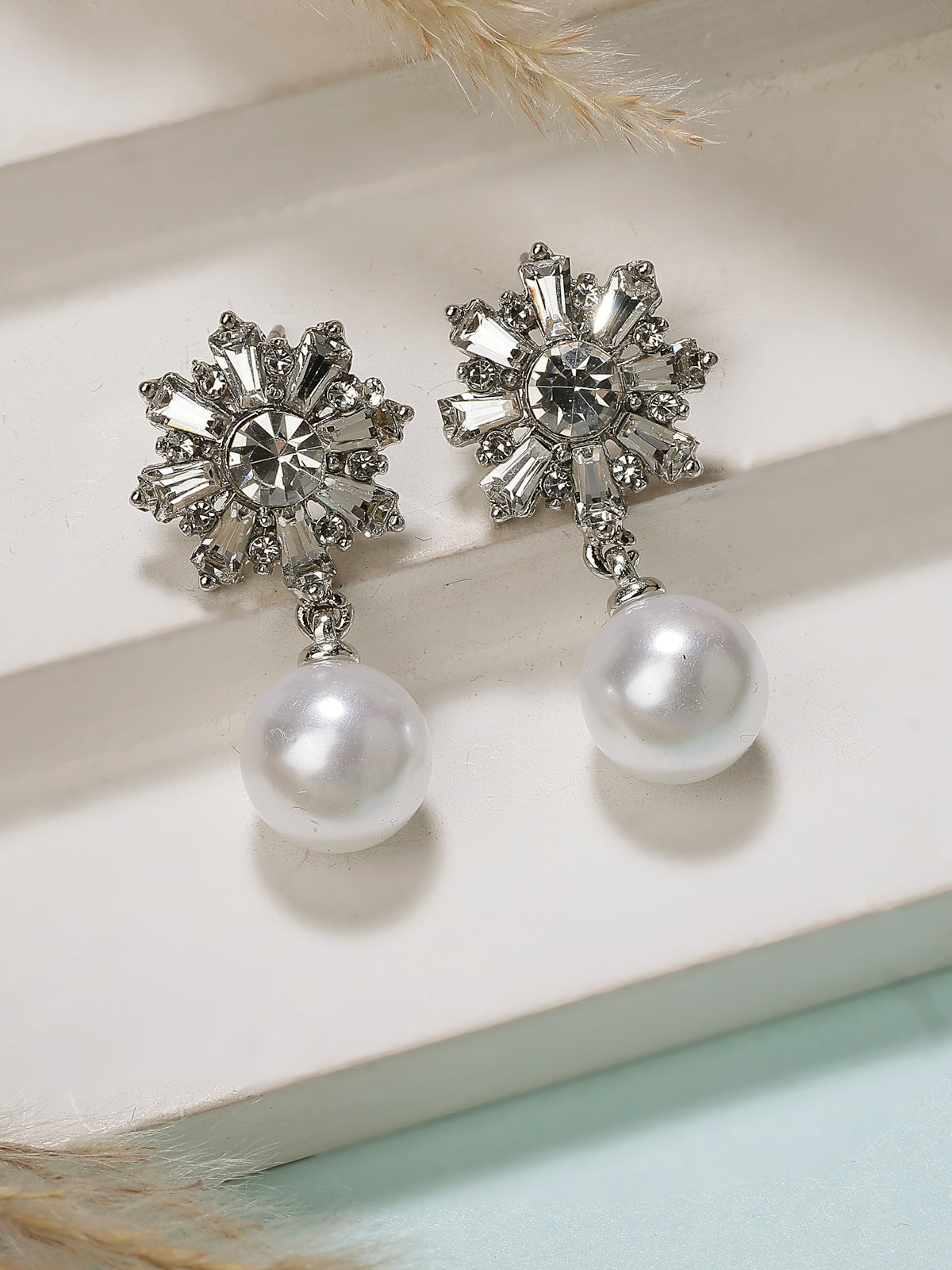 Scintillare By Sukkhi Iconic Latest Fashionable Crystal & Pearls Studded Rhodium Plated Drop Earrings for Women & Girls|Pair of 1|Jewellery Gifts for Wife Girlfriend Mother Sister|E107241