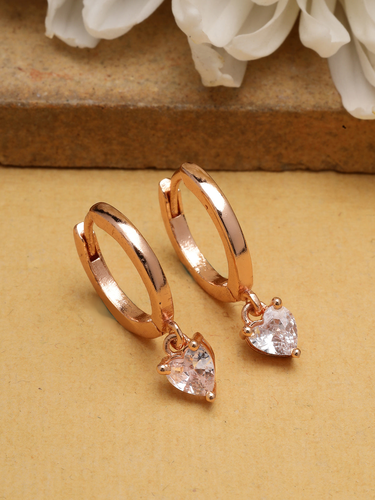 Scintillare By Sukkhi Solitaire Diamond Dangling Rose Gold Plated Clip On Austrian Zirconium Drop Hoop Style Earrings for Women & Girls|E107248