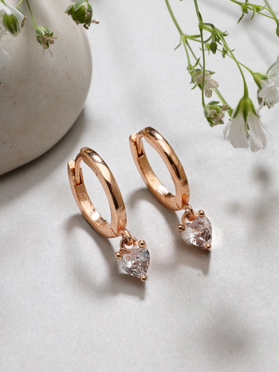 Scintillare By Sukkhi Solitaire Diamond Dangling Rose Gold Plated Clip On Austrian Zirconium Drop Hoop Style Earrings for Women & Girls|E107248