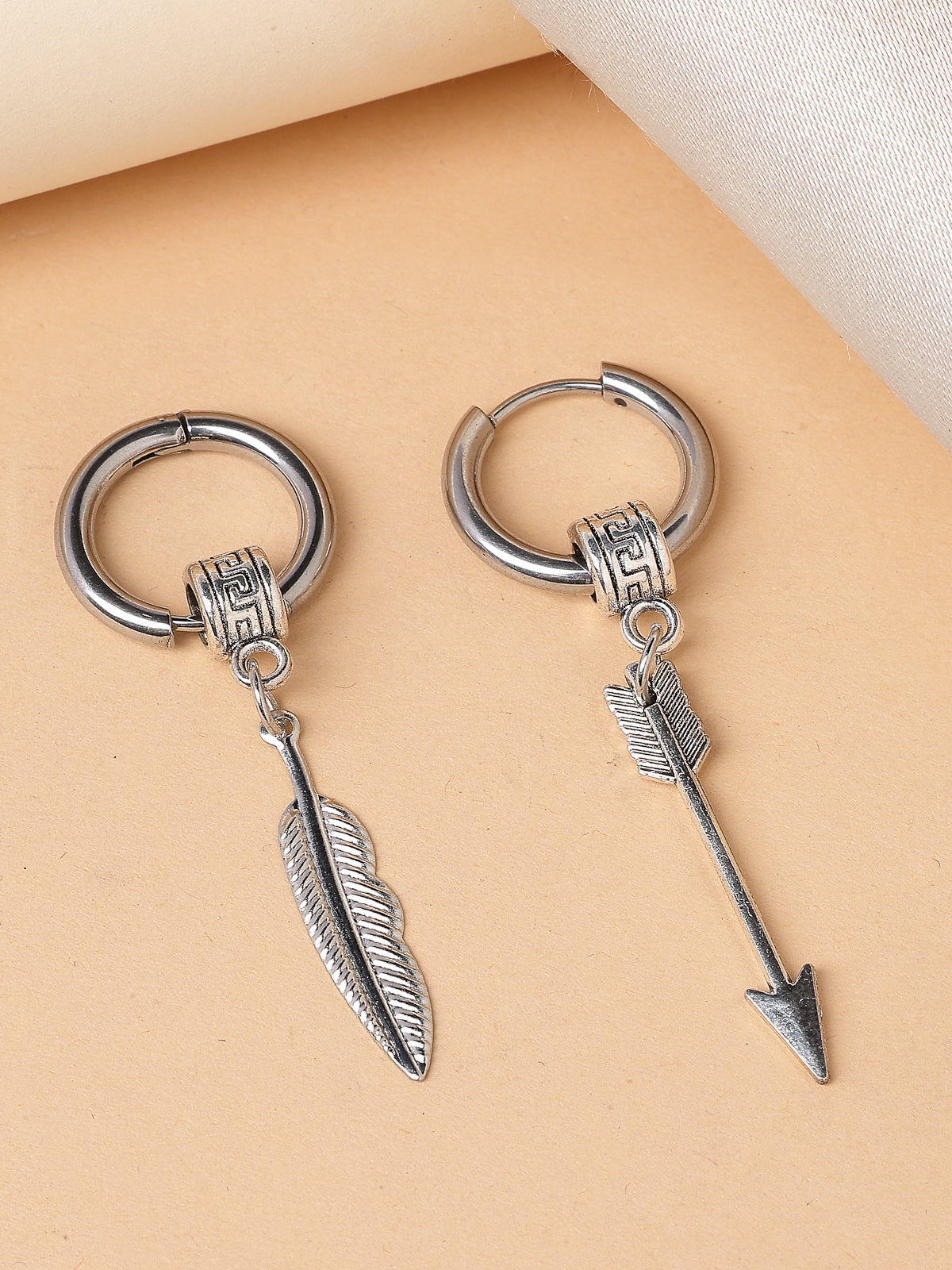 Scintillare By Sukkhi Creative Rhodium Plated Feather Long Chain punk Titanium Steel Piercing Dangle Hoop Earring for Men & Women Silver Stainless Steel Hoop Earrings|E107262