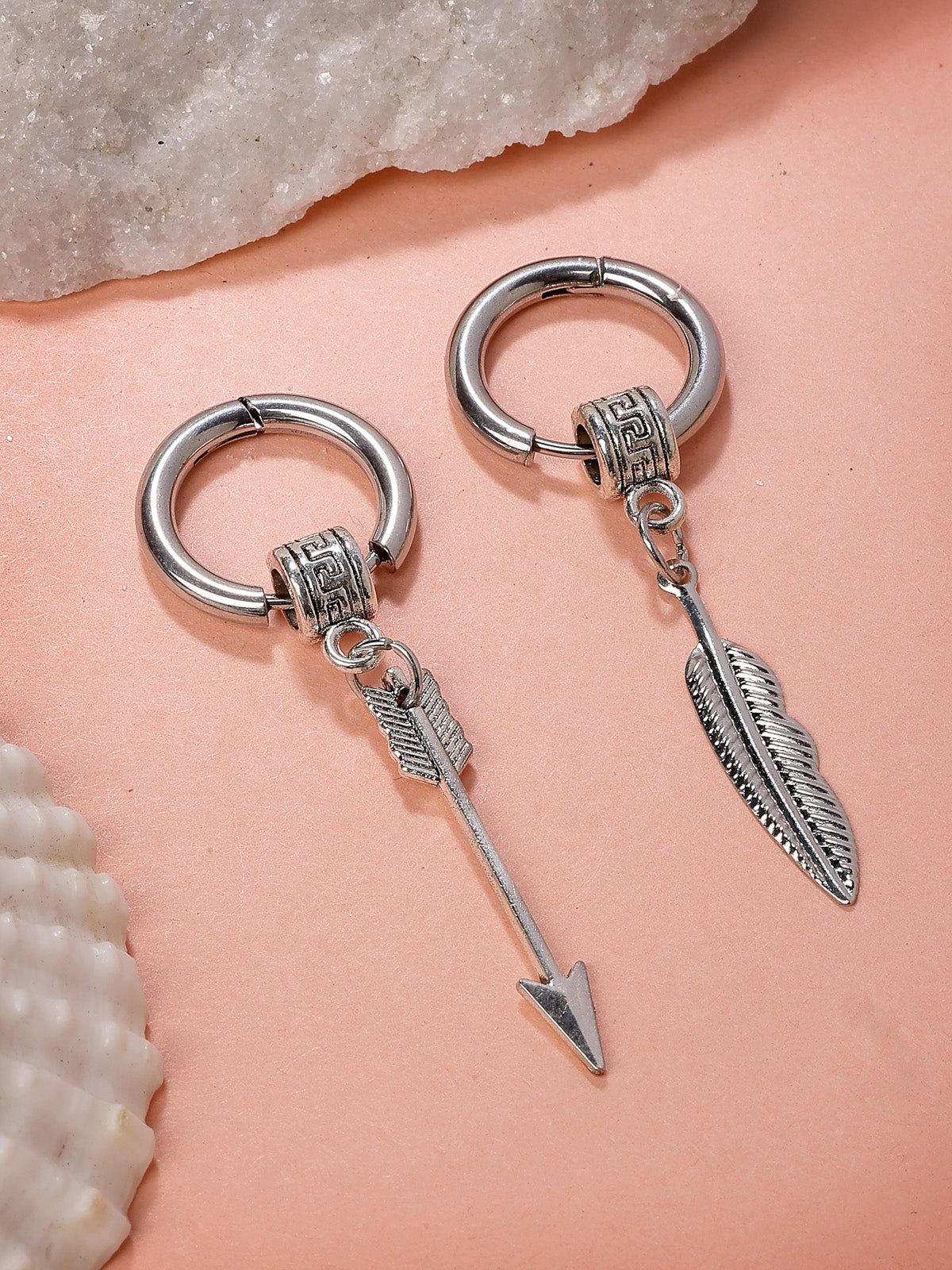 Scintillare By Sukkhi Creative Rhodium Plated Feather Long Chain punk Titanium Steel Piercing Dangle Hoop Earring for Men & Women Silver Stainless Steel Hoop Earrings|E107262