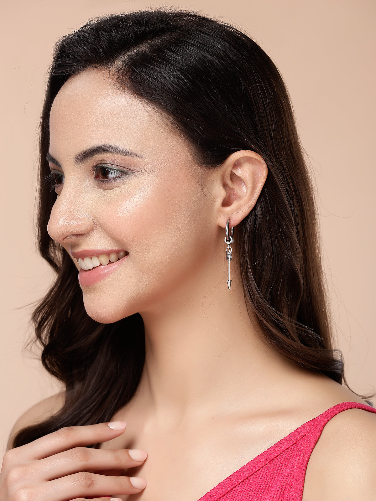 Scintillare By Sukkhi Creative Rhodium Plated Feather Long Chain punk Titanium Steel Piercing Dangle Hoop Earring for Men & Women Silver Stainless Steel Hoop Earrings|E107262