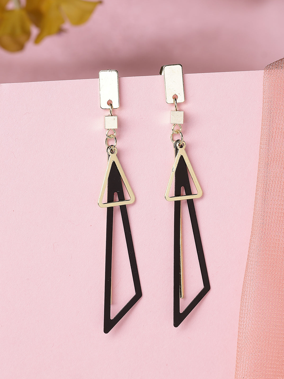 Scintillare By Sukkhi Most Beautiful Western Style Gold Plated Fancy Hollow Triangle Long Geometric Dangle Golden Black Earrings for Women & Girls|E107263