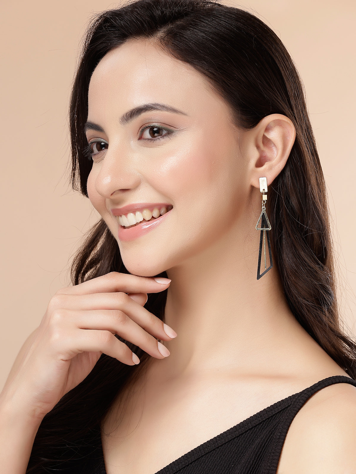 Scintillare By Sukkhi Most Beautiful Western Style Gold Plated Fancy Hollow Triangle Long Geometric Dangle Golden Black Earrings for Women & Girls|E107263