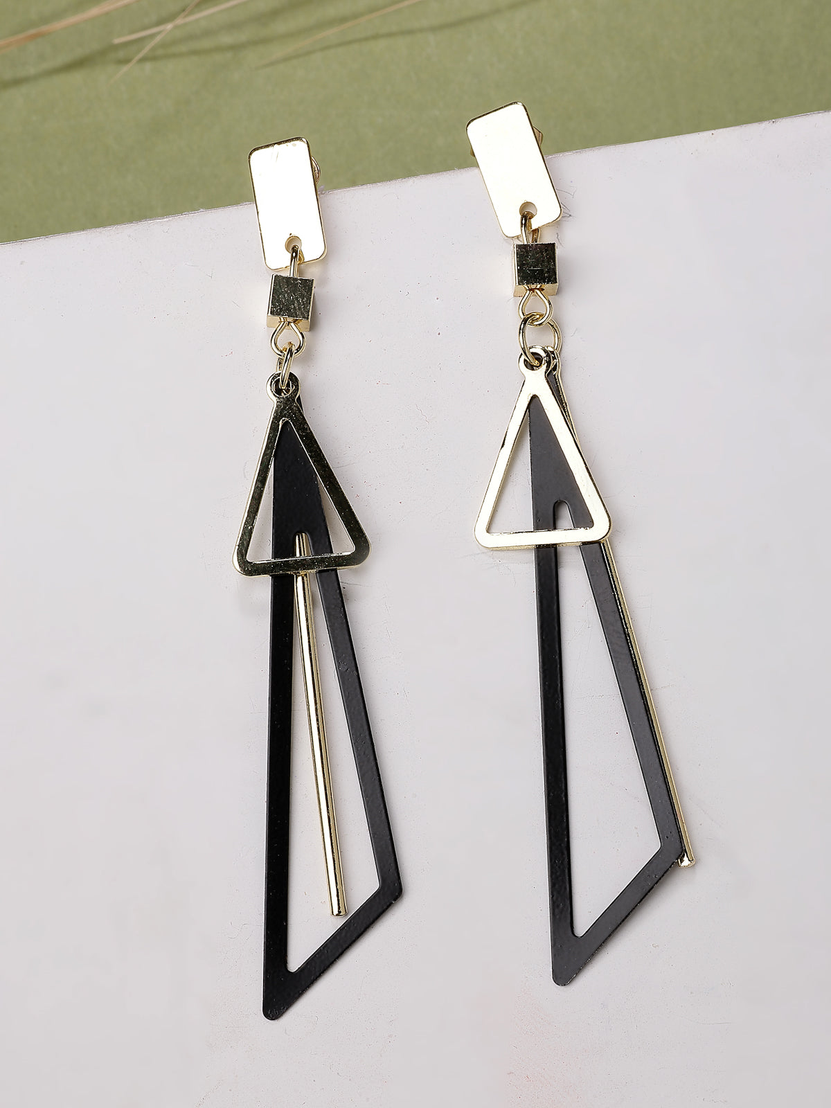 Scintillare By Sukkhi Most Beautiful Western Style Gold Plated Fancy Hollow Triangle Long Geometric Dangle Golden Black Earrings for Women & Girls|E107263