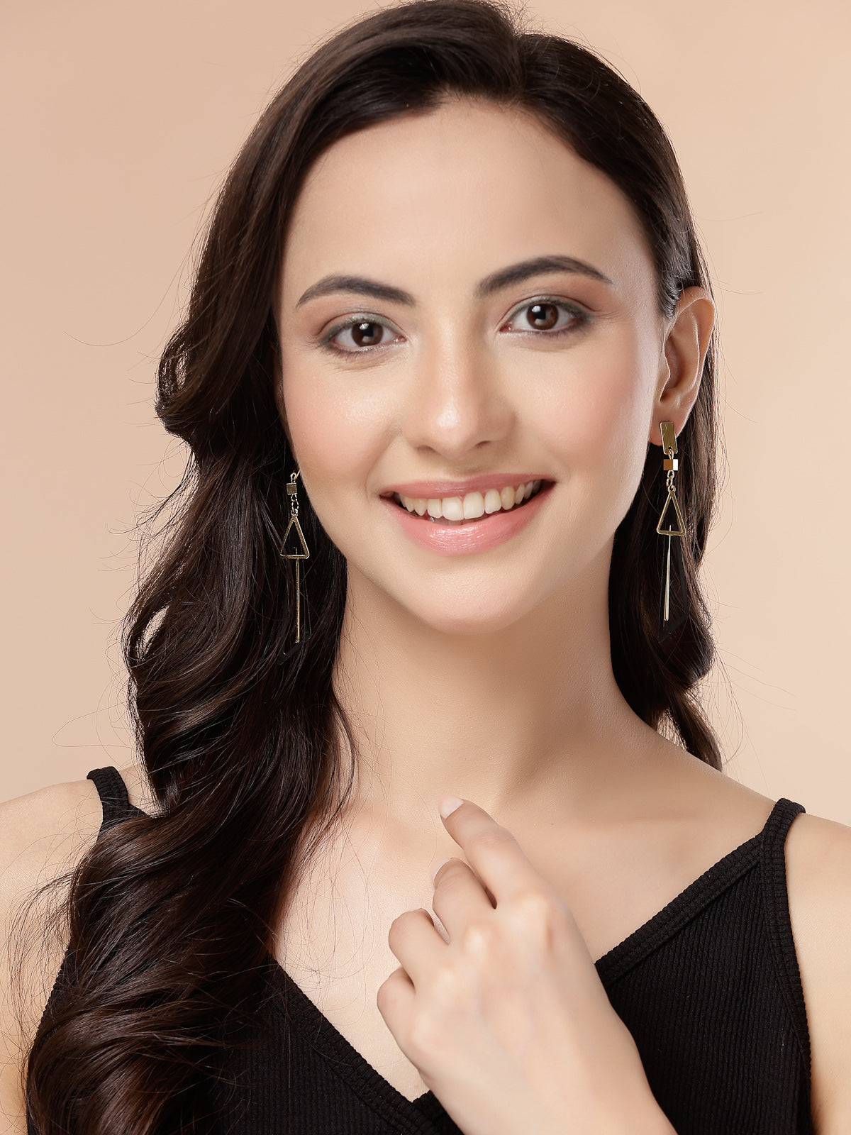Scintillare By Sukkhi Most Beautiful Western Style Gold Plated Fancy Hollow Triangle Long Geometric Dangle Golden Black Earrings for Women & Girls|E107263