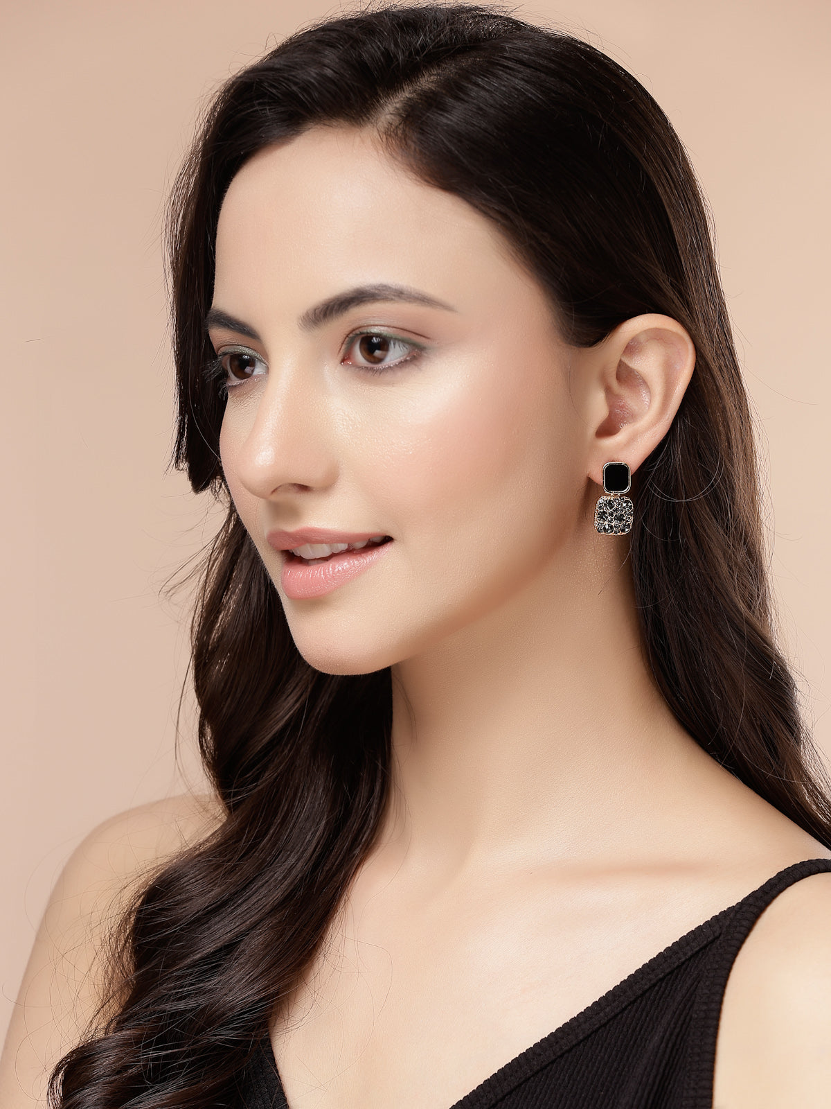 Scintillare By Sukkhi Square Shaped Crystal Diamond Studded Gold Tone Plated Black Drop Earrings for Women & Girls|Pair of 1|Jewellery Gifts for Wife Girlfriend Mother Sister|E107268