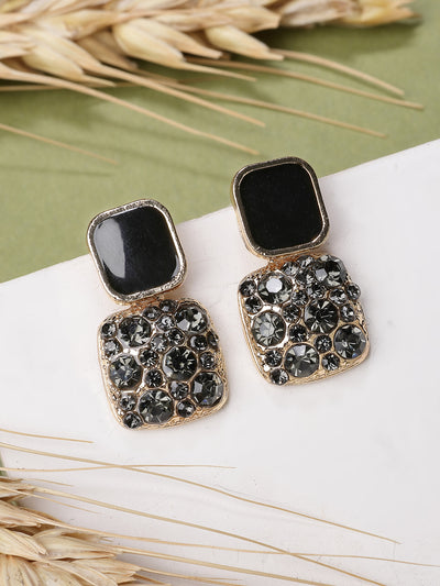 Scintillare By Sukkhi Square Shaped Crystal Diamond Studded Gold Tone Plated Black Drop Earrings for Women & Girls|Pair of 1|Jewellery Gifts for Wife Girlfriend Mother Sister|E107268