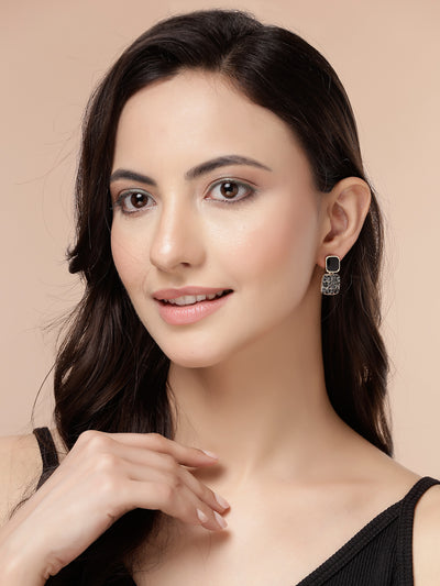 Scintillare By Sukkhi Square Shaped Crystal Diamond Studded Gold Tone Plated Black Drop Earrings for Women & Girls|Pair of 1|Jewellery Gifts for Wife Girlfriend Mother Sister|E107268