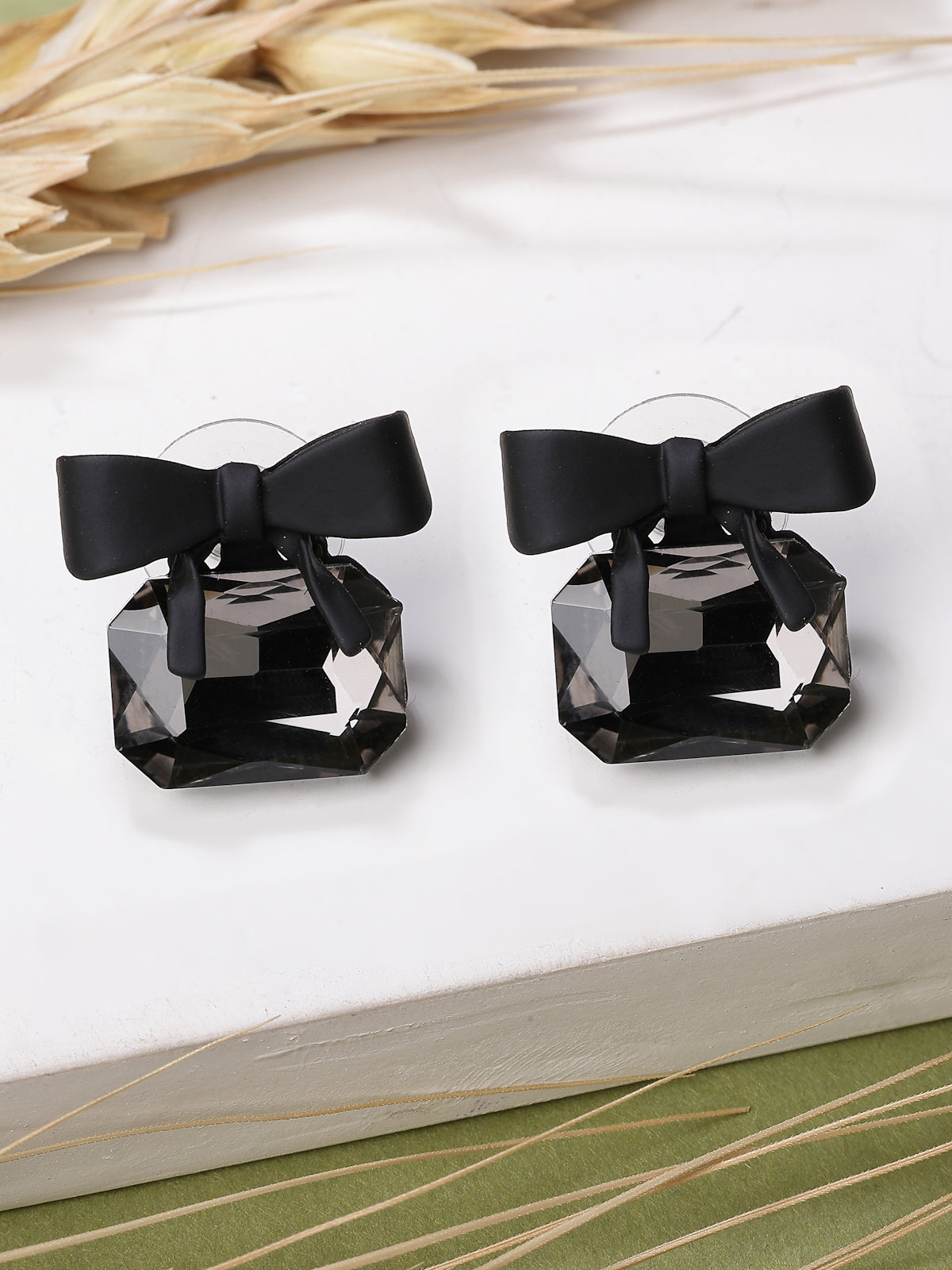 Scintillare By Sukkhi High-Class Rhodium Plated Crystal Stone Studded Bow Style Black Studs Drop Earrings for Women & Girls|Jewellery Pair of 1|Gifts for Wife Girlfriend Mother Sister|E107271