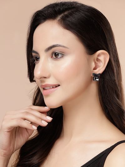 Scintillare By Sukkhi High-Class Rhodium Plated Crystal Stone Studded Bow Style Black Studs Drop Earrings for Women & Girls|Jewellery Pair of 1|Gifts for Wife Girlfriend Mother Sister|E107271