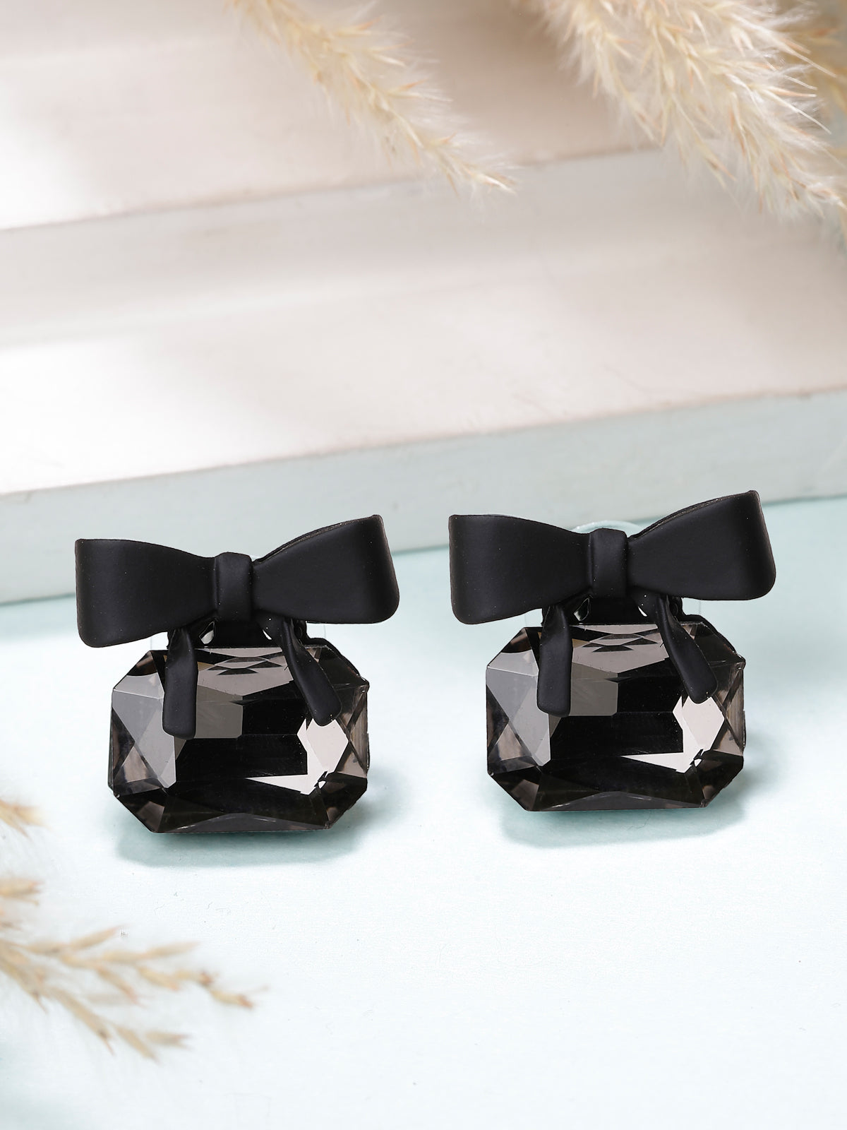 Scintillare By Sukkhi High-Class Rhodium Plated Crystal Stone Studded Bow Style Black Studs Drop Earrings for Women & Girls|Jewellery Pair of 1|Gifts for Wife Girlfriend Mother Sister|E107271
