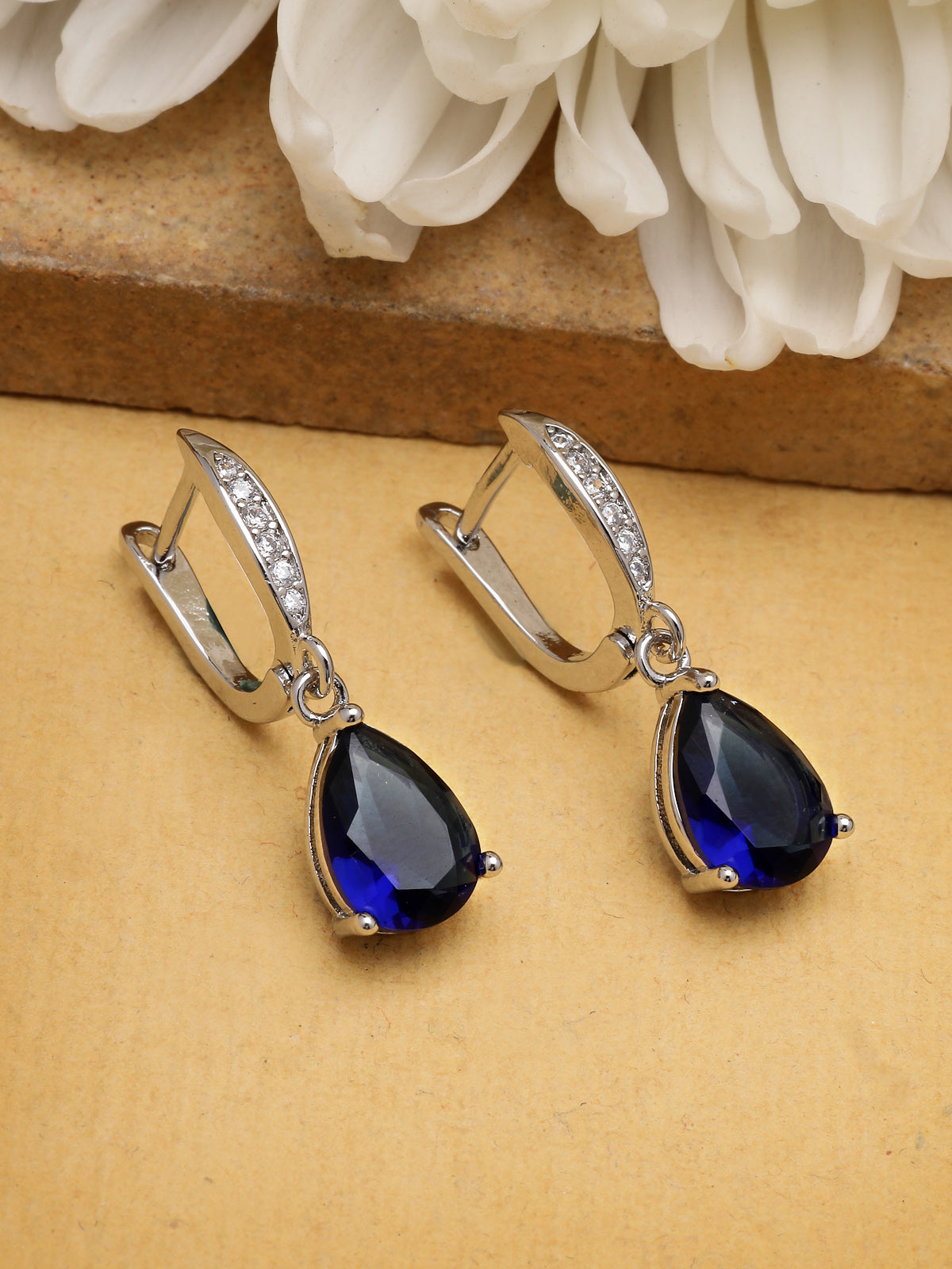 Scintillare By Sukkhi Elegant Rhodium Silver Plated Crystal Stone Studded Tear Shaped Royal Blue Drop Hoop Earrings for Women & Girls|Pair of 1|Jewellery Gifts for Wife Girlfriend Mother Sister|E107275