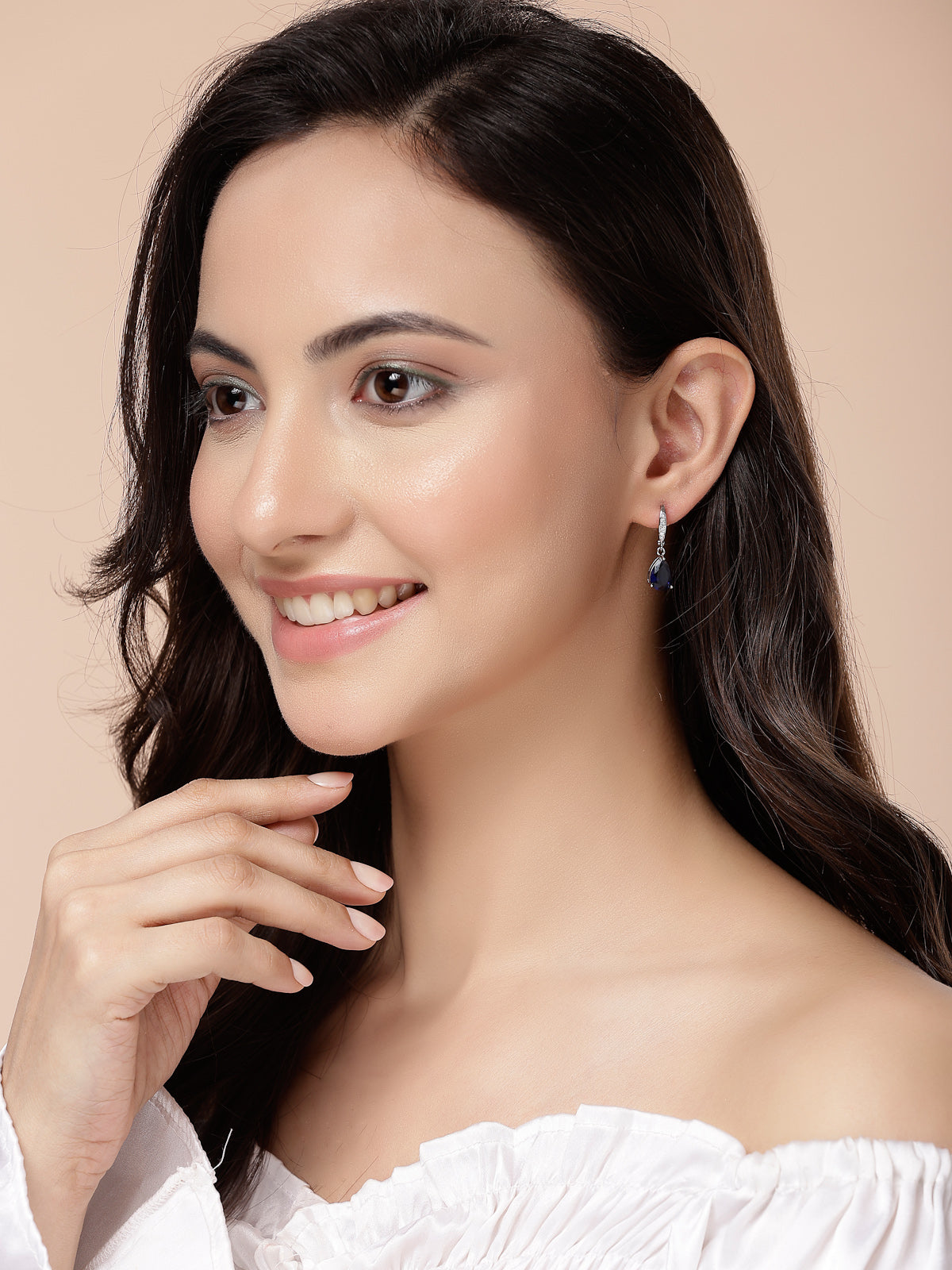 Scintillare By Sukkhi Elegant Rhodium Silver Plated Crystal Stone Studded Tear Shaped Royal Blue Drop Hoop Earrings for Women & Girls|Pair of 1|Jewellery Gifts for Wife Girlfriend Mother Sister|E107275