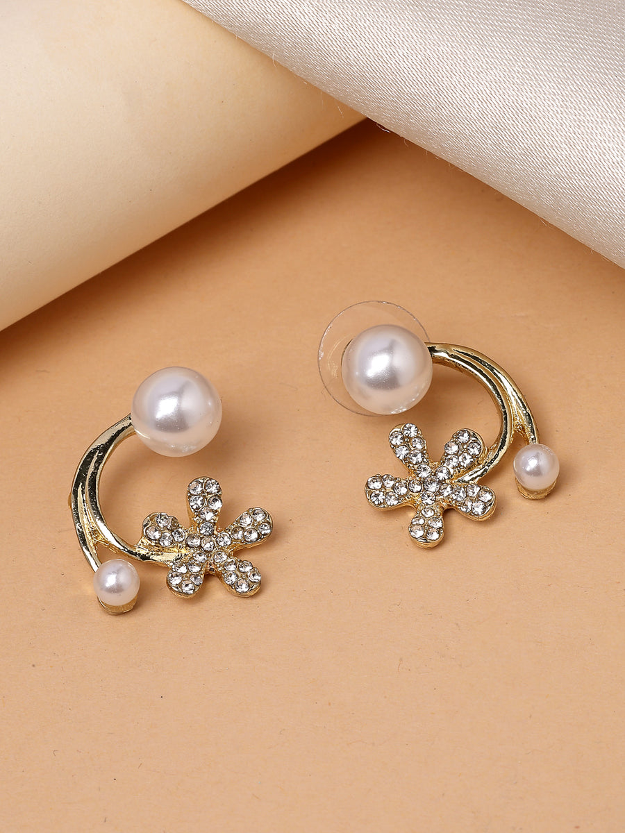 Scintillare By Sukkhi Beautiful Mini Floral Shaped Latest Stylish Gold Plated Crystal Diamond Pearls Studded White Earrings for Women & Girls|E107279