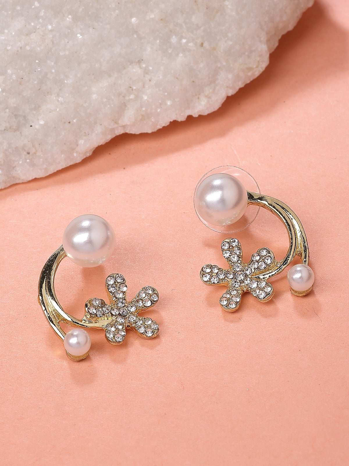 Scintillare By Sukkhi Beautiful Mini Floral Shaped Latest Stylish Gold Plated Crystal Diamond Pearls Studded White Earrings for Women & Girls|E107279